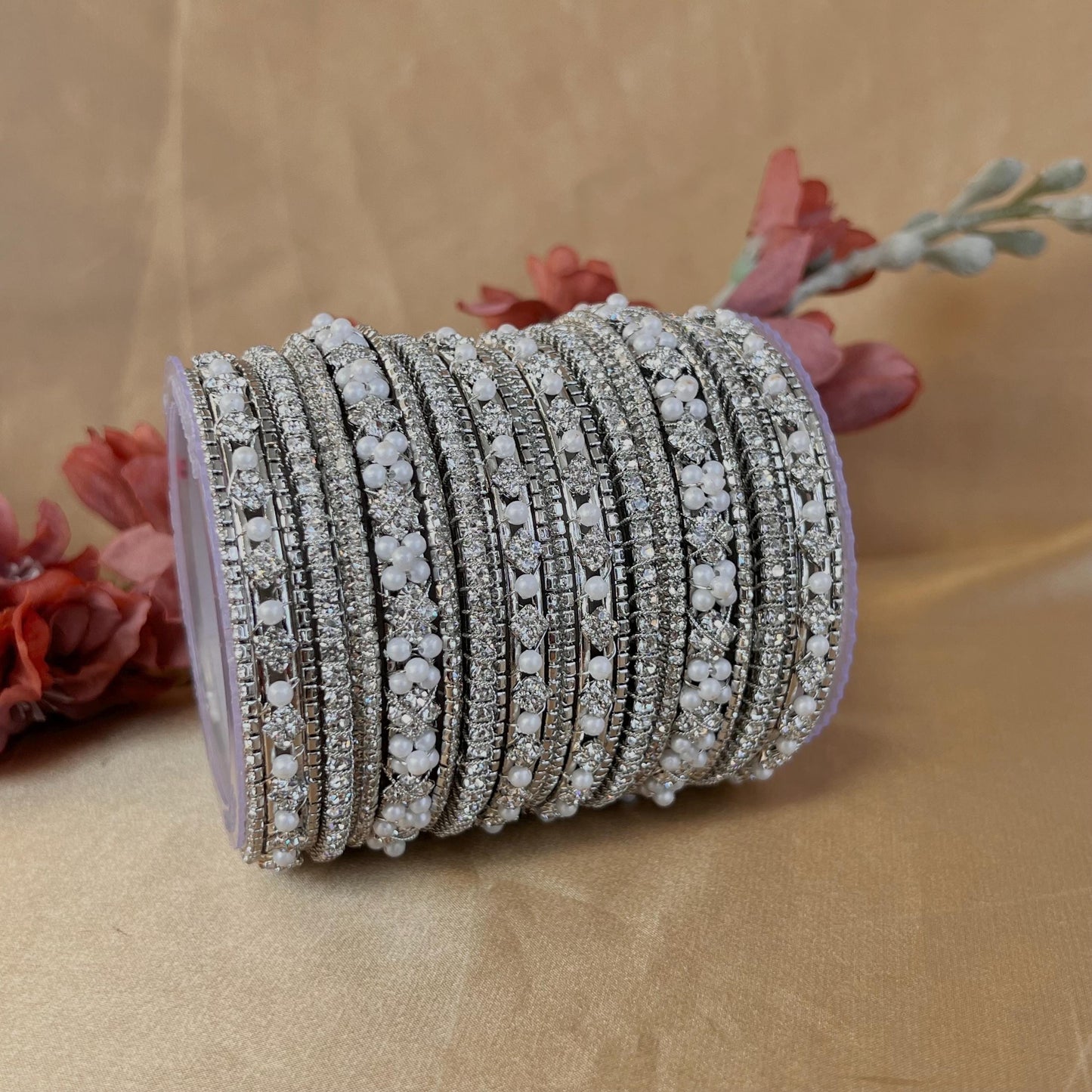 Silver Crystal Bangle Set Both Arms - 2.8/Silver Bangles/Indian Bangles/Silver Indian Bangle Sets/Bangle Collection/Pearly Bangles