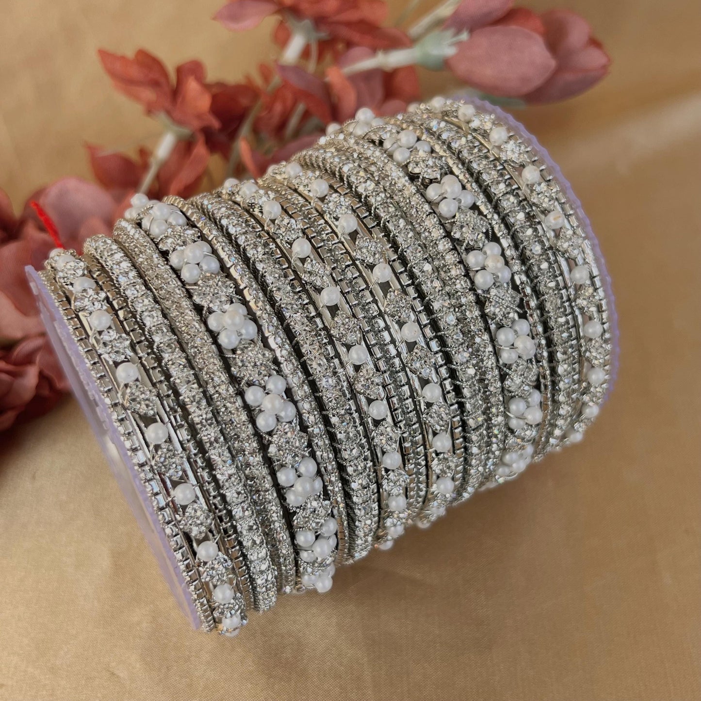 Silver Crystal Bangle Set Both Arms - 2.8/Silver Bangles/Indian Bangles/Silver Indian Bangle Sets/Bangle Collection/Pearly Bangles