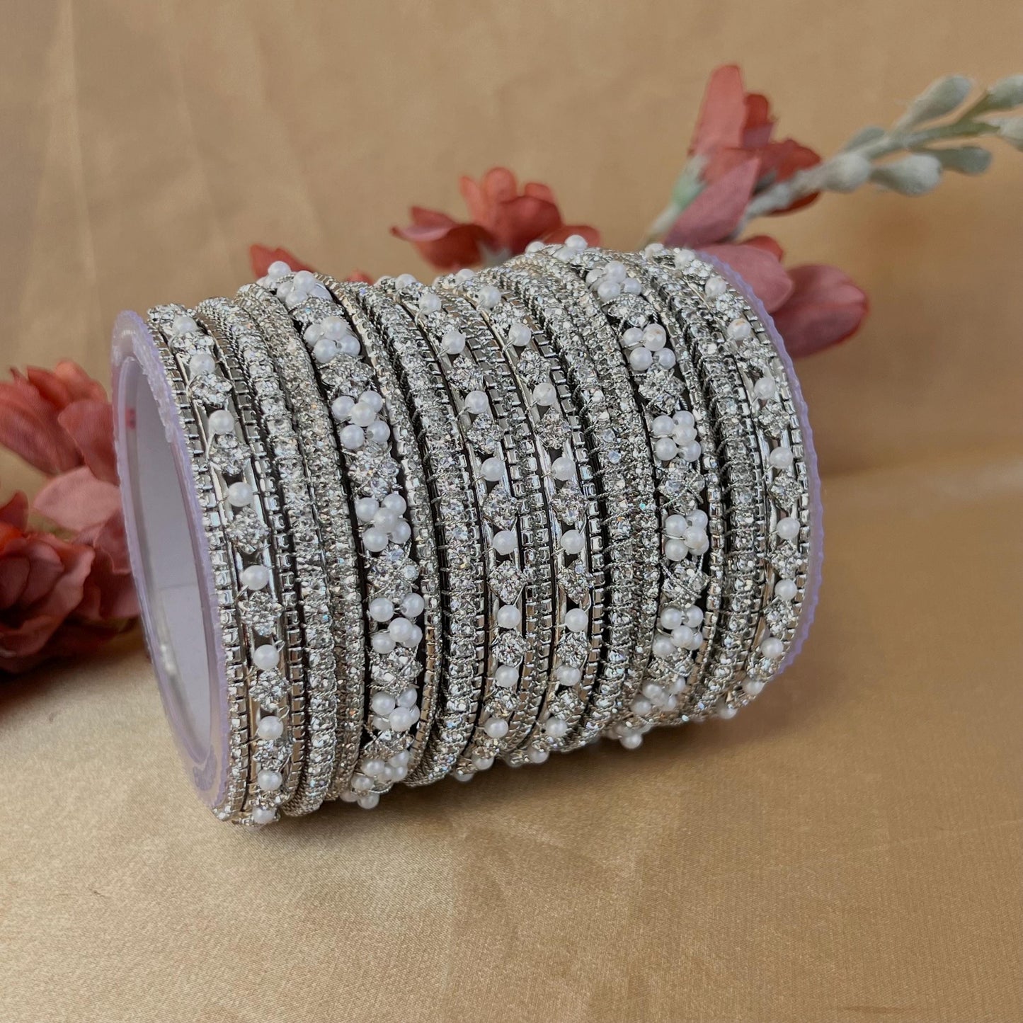 Silver Crystal Bangle Set Both Arms - 2.8/Silver Bangles/Indian Bangles/Silver Indian Bangle Sets/Bangle Collection/Pearly Bangles