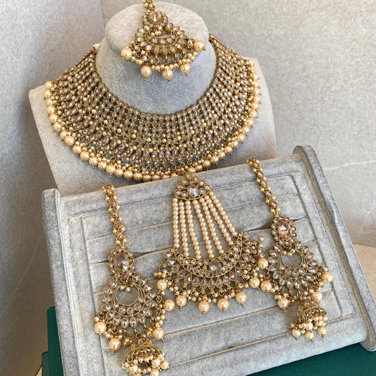 Pearl Gold Necklace Bridal Set Antique gold Champagne Crystals Jhumka Earring Tikka Jhumar Nose Ring Indian Pakistani Punjabi Style Wedding