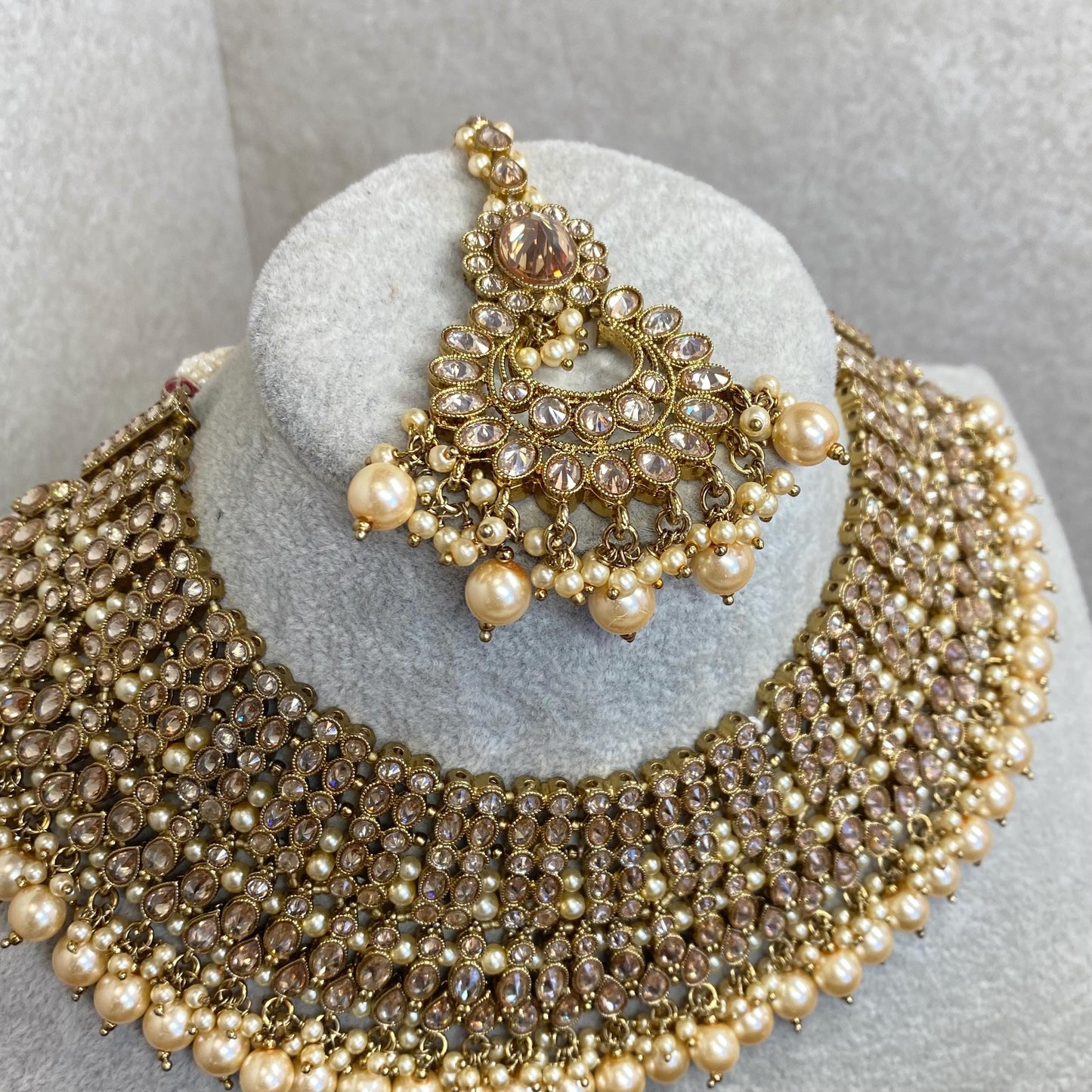 Pearl Gold Necklace Bridal Set Antique gold Champagne Crystals Jhumka Earring Tikka Jhumar Nose Ring Indian Pakistani Punjabi Style Wedding