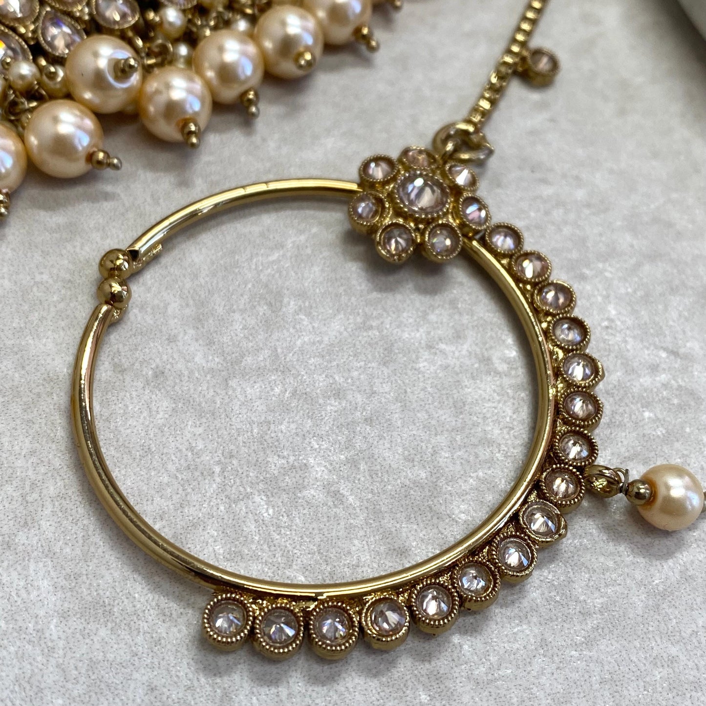 Pearl Gold Necklace Bridal Set Antique gold Champagne Crystals Jhumka Earring Tikka Jhumar Nose Ring Indian Pakistani Punjabi Style Wedding