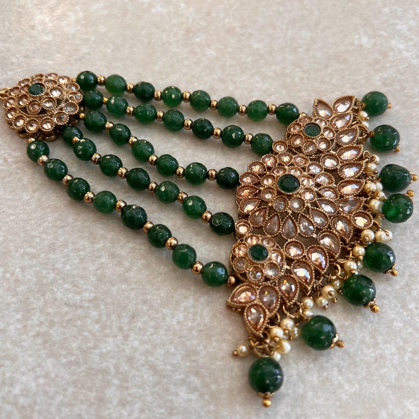 Jhumar/Green/Gold/Emerald Green Bead/Champagne Zircon Crystal/ Jhoomar / Passa/ Indian/ Pakistani Style/Head Piece High Quality