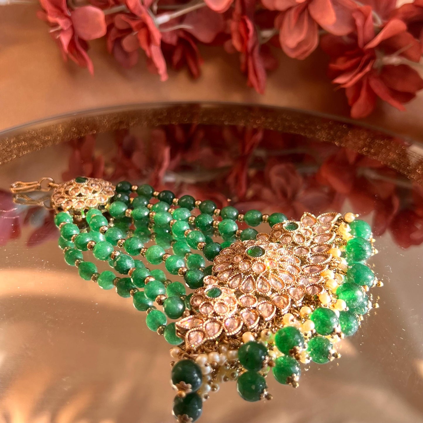 Jhumar/Green/Gold/Emerald Green Bead/Champagne Zircon Crystal/ Jhoomar / Passa/ Indian/ Pakistani Style/Head Piece High Quality