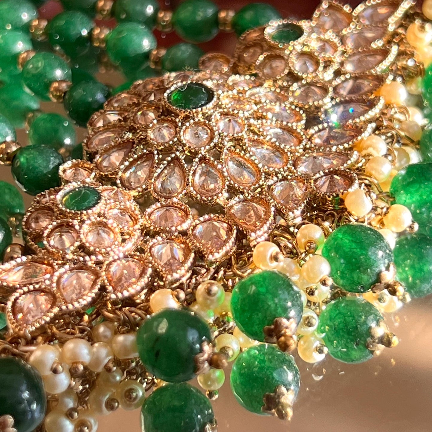 Jhumar/Green/Gold/Emerald Green Bead/Champagne Zircon Crystal/ Jhoomar / Passa/ Indian/ Pakistani Style/Head Piece High Quality