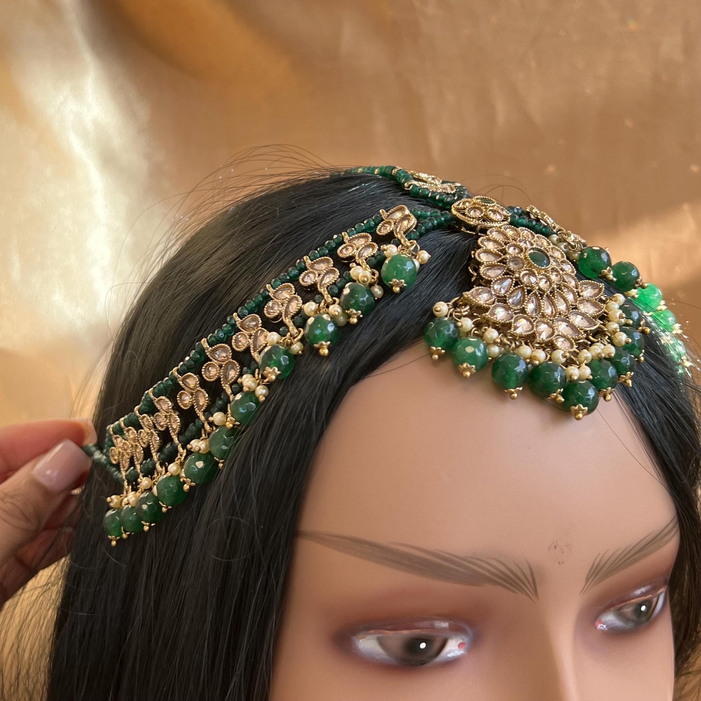 Green/ Golden Mathapatti /Indian/Pakistani/Fashion Jewellery/ Bridal Forehead Jewellery Headpiece/Bollywood /phoolpatti