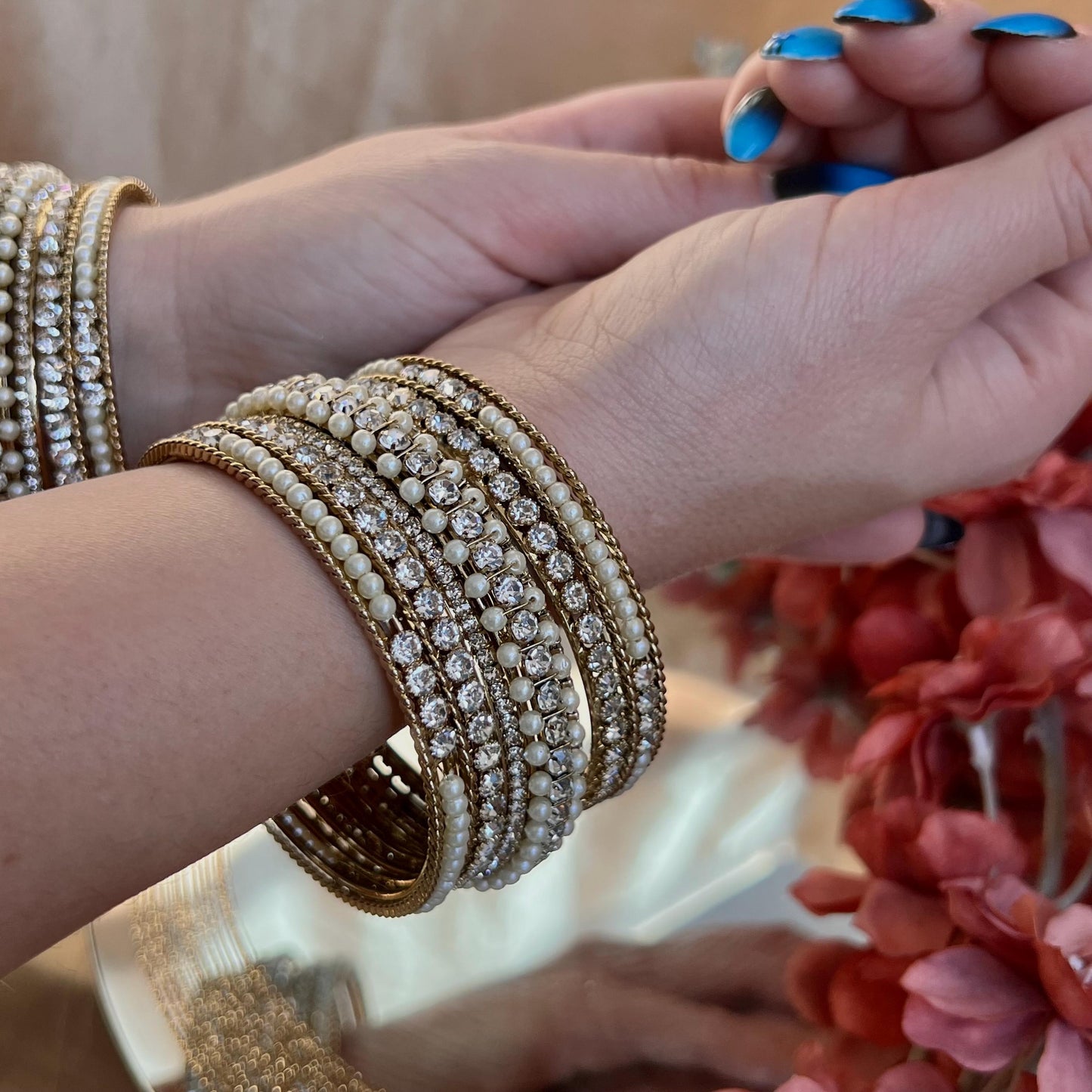 Pearly & Clear Bangle Set Both Arms - 2.8/Clear Bangle Set/Pearly Bangle Set/Antique Gold Bangles/Indian Bangles/Kada Style Bangles