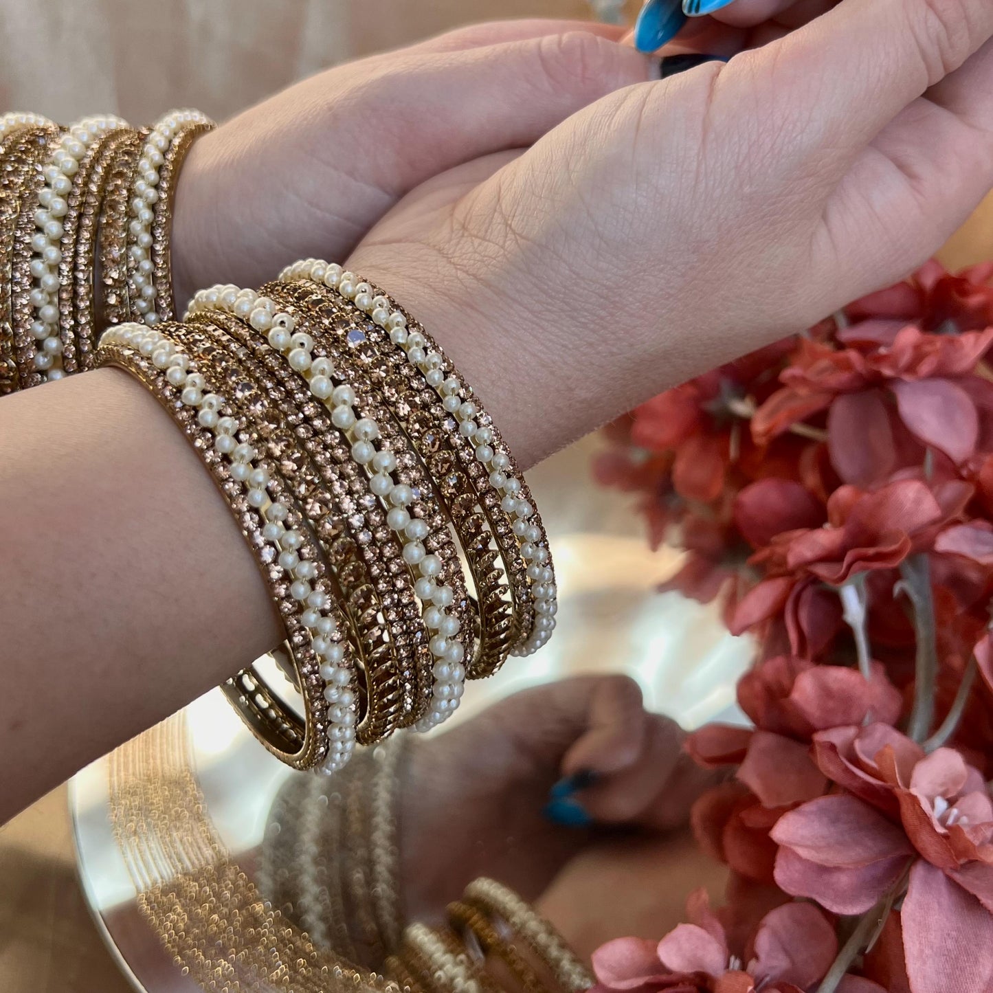 Golden Crystal Bangles for Both Arms - Antique Gold Base Both Arms - 2.8/Indian Bangles/Gold Bangles/Crystal Bangles/Indian Bangle Set