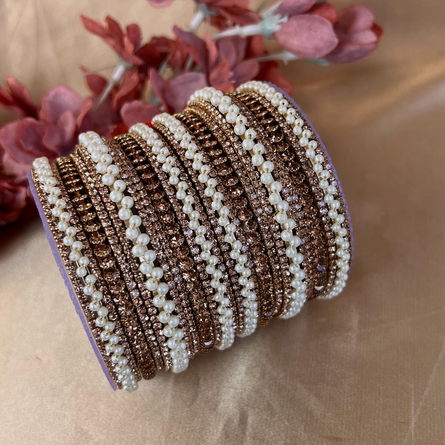 Golden Crystal Bangles for Both Arms - Antique Gold Base Both Arms - 2.8/Indian Bangles/Gold Bangles/Crystal Bangles/Indian Bangle Set