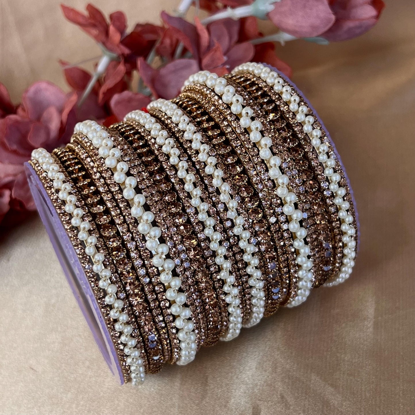 Golden Crystal Bangles for Both Arms - Antique Gold Base Both Arms - 2.8/Indian Bangles/Gold Bangles/Crystal Bangles/Indian Bangle Set