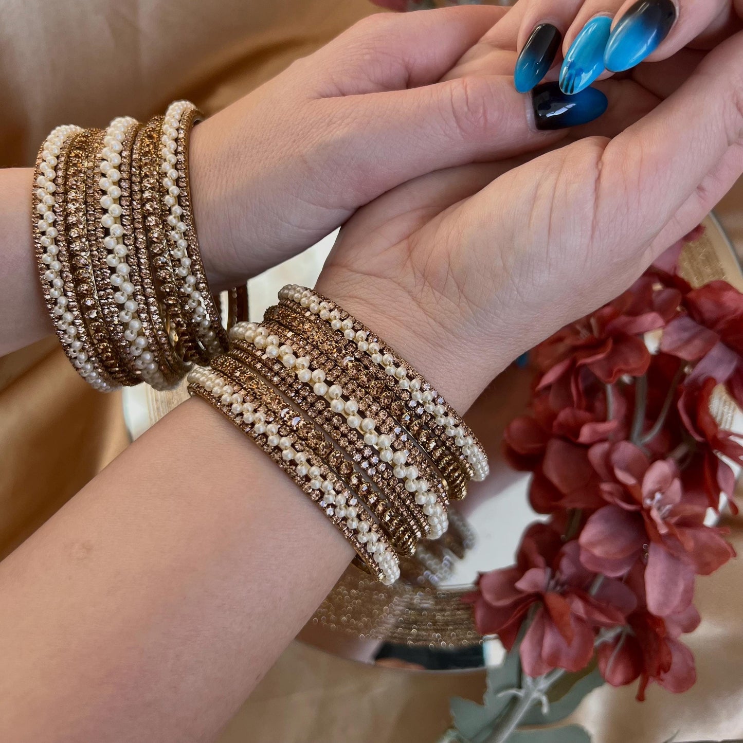 Golden Crystal Bangles for Both Arms - Antique Gold Base Both Arms - 2.8/Indian Bangles/Gold Bangles/Crystal Bangles/Indian Bangle Set