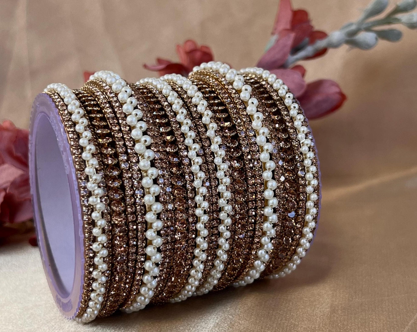 Golden Crystal Bangles for Both Arms - Antique Gold Base Both Arms - 2.8/Indian Bangles/Gold Bangles/Crystal Bangles/Indian Bangle Set