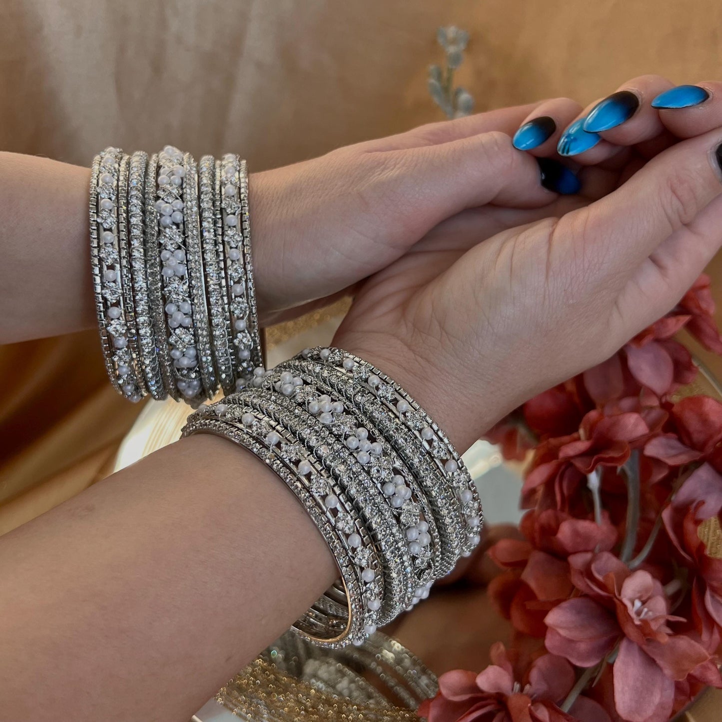Silver Crystal Bangle Set Both Arms - 2.8/Silver Bangles/Indian Bangles/Silver Indian Bangle Sets/Bangle Collection/Pearly Bangles