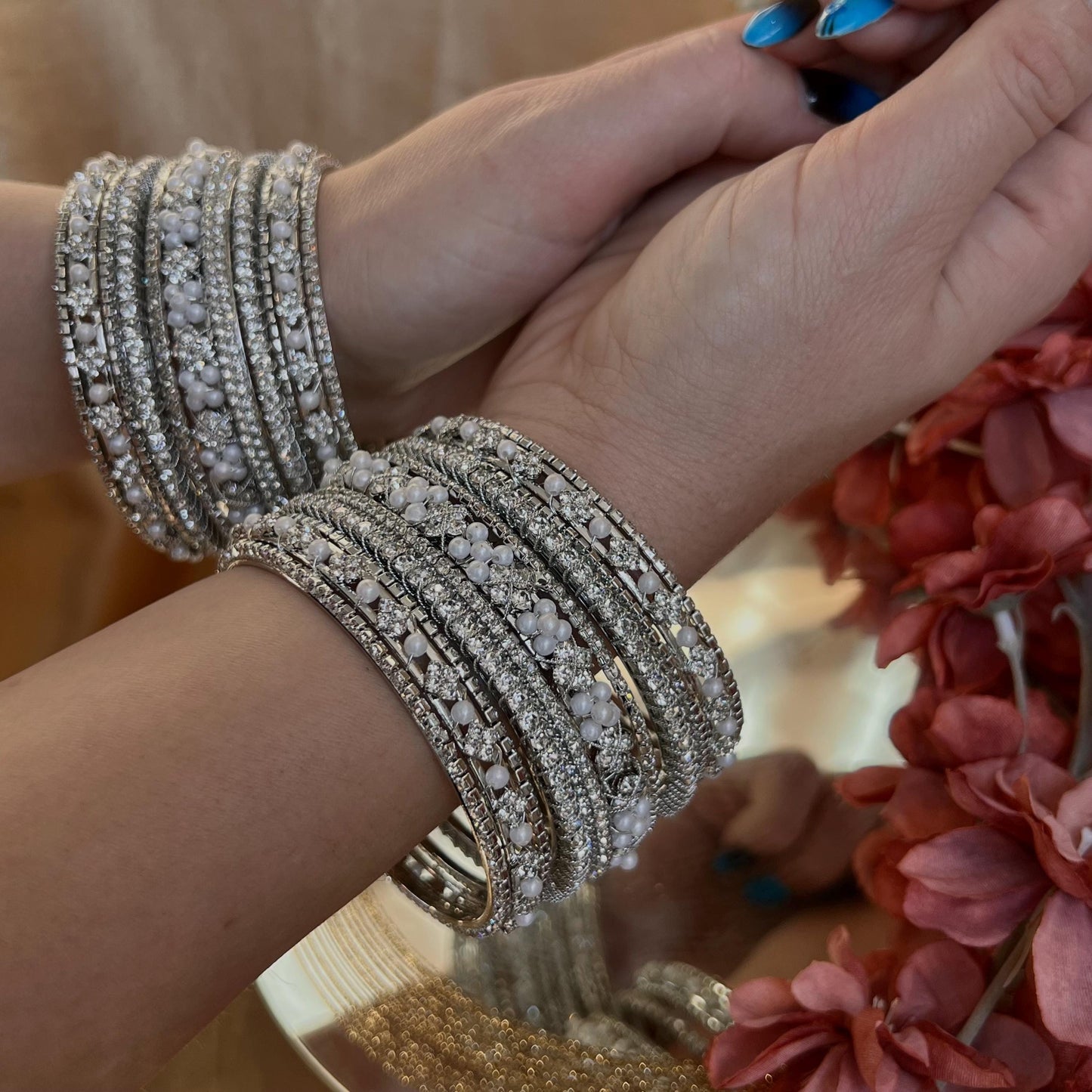Silver Crystal Bangle Set Both Arms - 2.8/Silver Bangles/Indian Bangles/Silver Indian Bangle Sets/Bangle Collection/Pearly Bangles