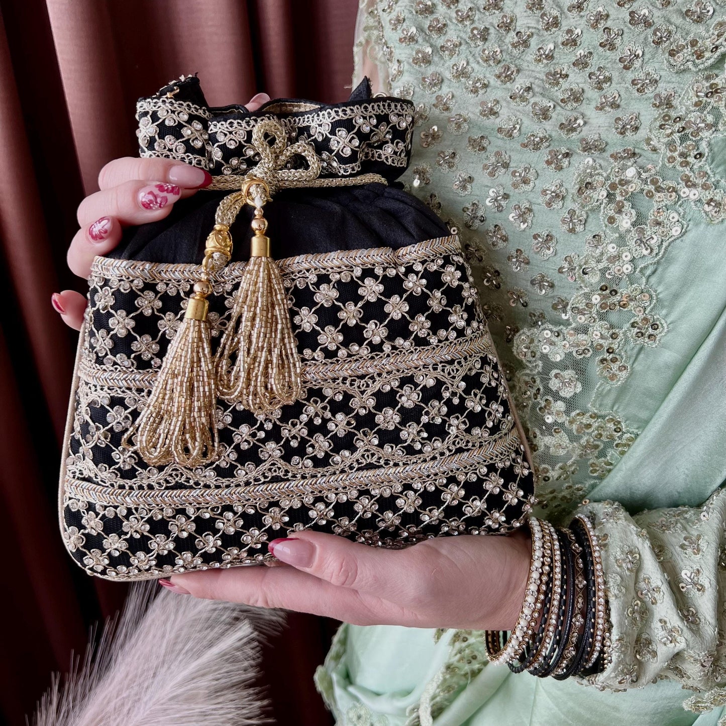 Sequin Detail Black Potli Bag/Indian Handmade Traditional Phulkari Potli Bags/Modern Ethnic Mirror Work Potli Bags/Red Bags