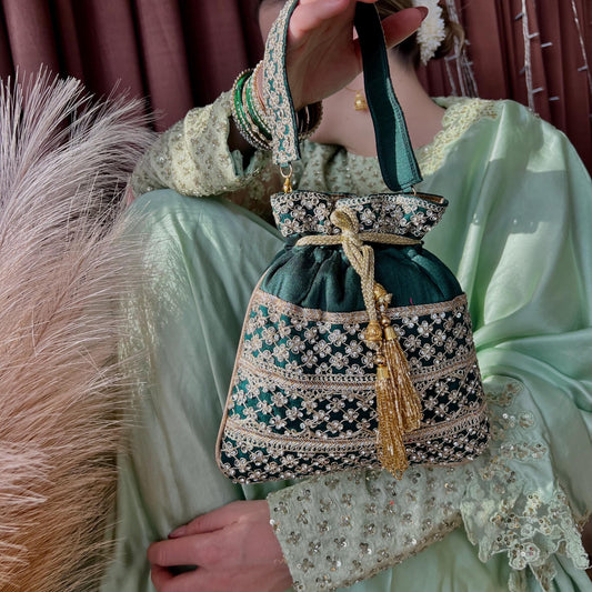 Sequin Detail Green Potli Bag/Indian Handmade Traditional Phulkari Potli Bags/Modern Ethnic Mirror Work Potli Bags/Red Bags