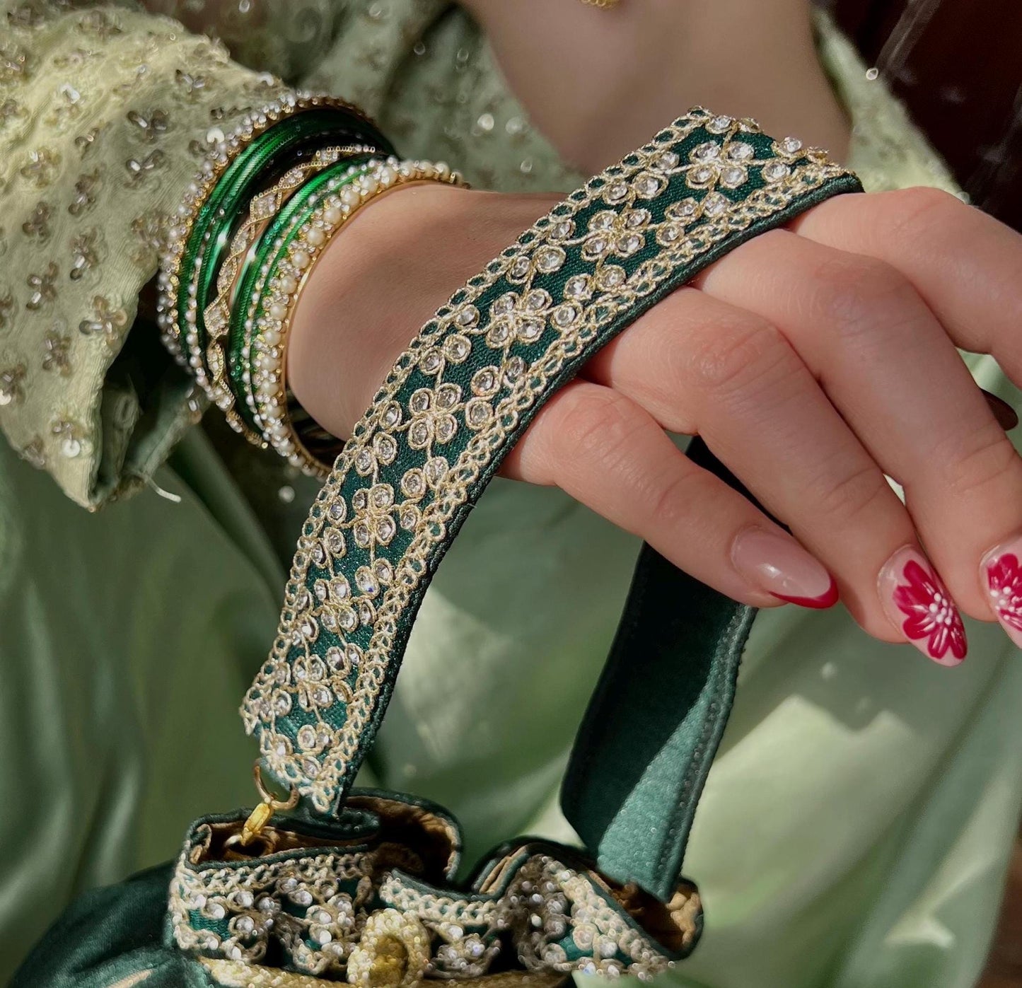 Sequin Detail Green Potli Bag/Indian Handmade Traditional Phulkari Potli Bags/Modern Ethnic Mirror Work Potli Bags/Red Bags