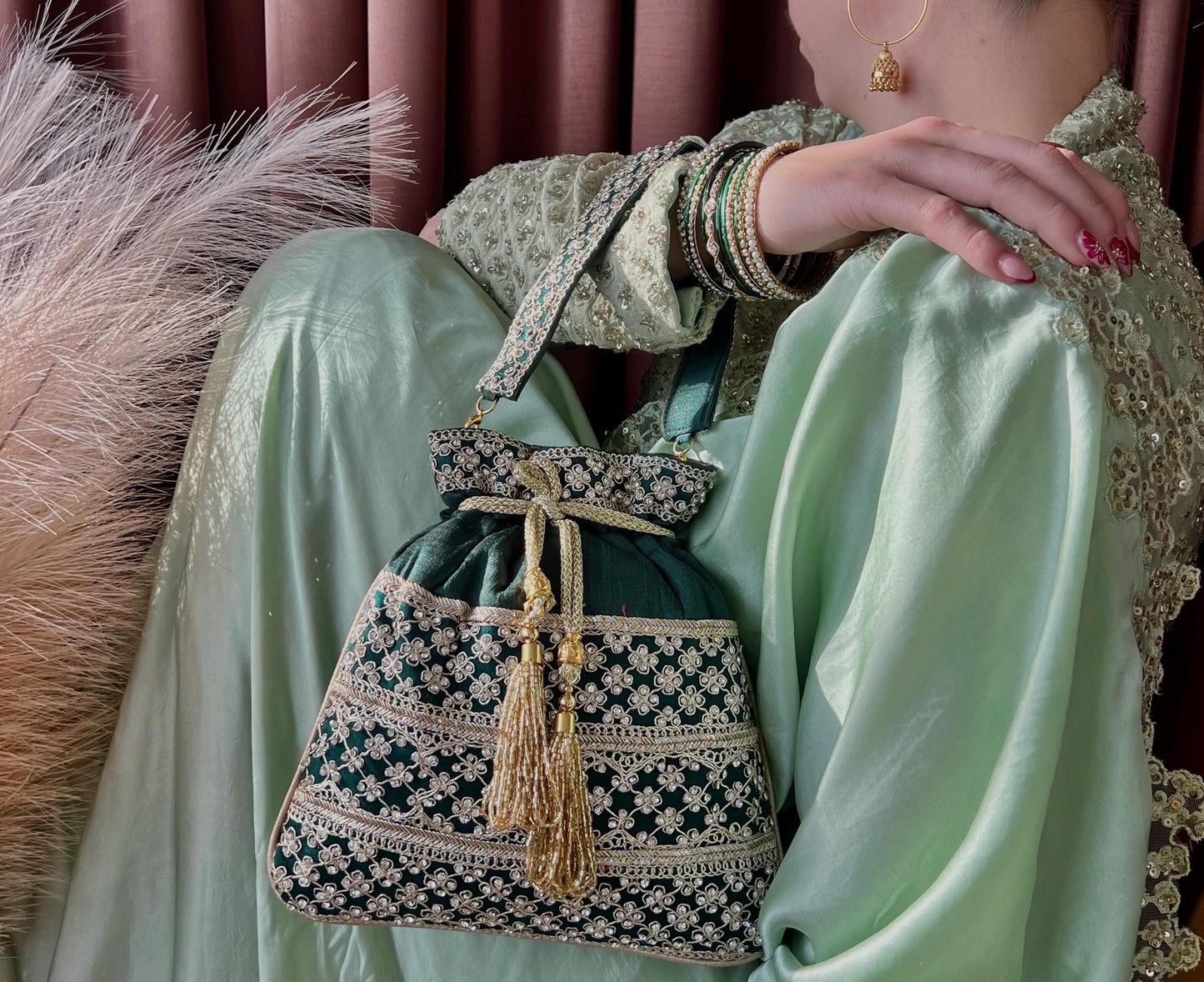 Sequin Detail Green Potli Bag/Indian Handmade Traditional Phulkari Potli Bags/Modern Ethnic Mirror Work Potli Bags/Red Bags