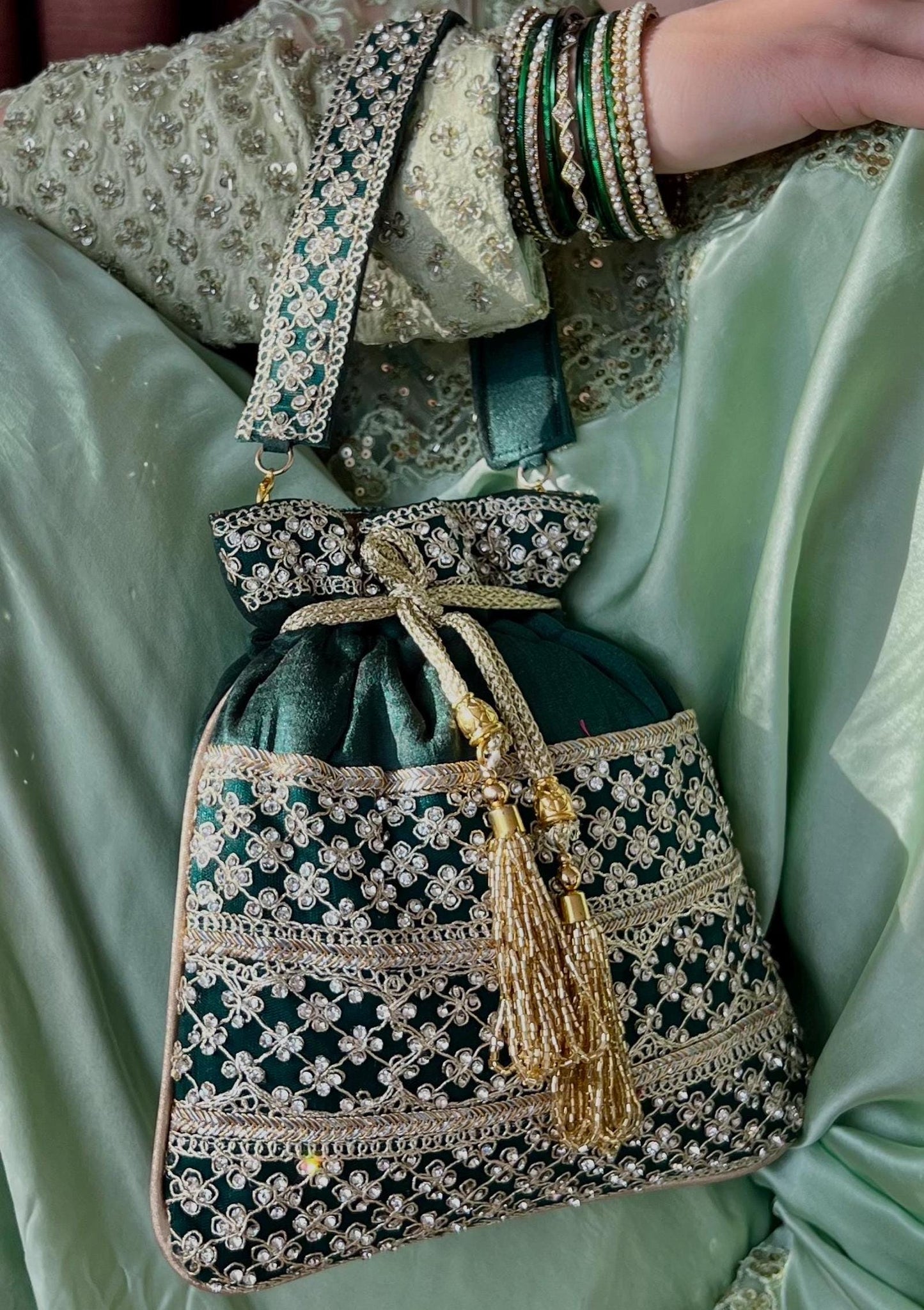 Sequin Detail Green Potli Bag/Indian Handmade Traditional Phulkari Potli Bags/Modern Ethnic Mirror Work Potli Bags/Red Bags