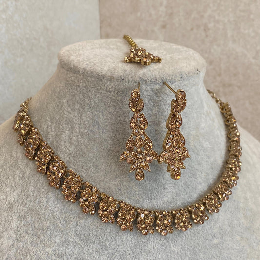 Golden Elegant Necklace Set Small Earring Tikka Tikli Indian Pakistani Fashion Jewellery Gift for Her Civil Registry Wedding Party Valentine