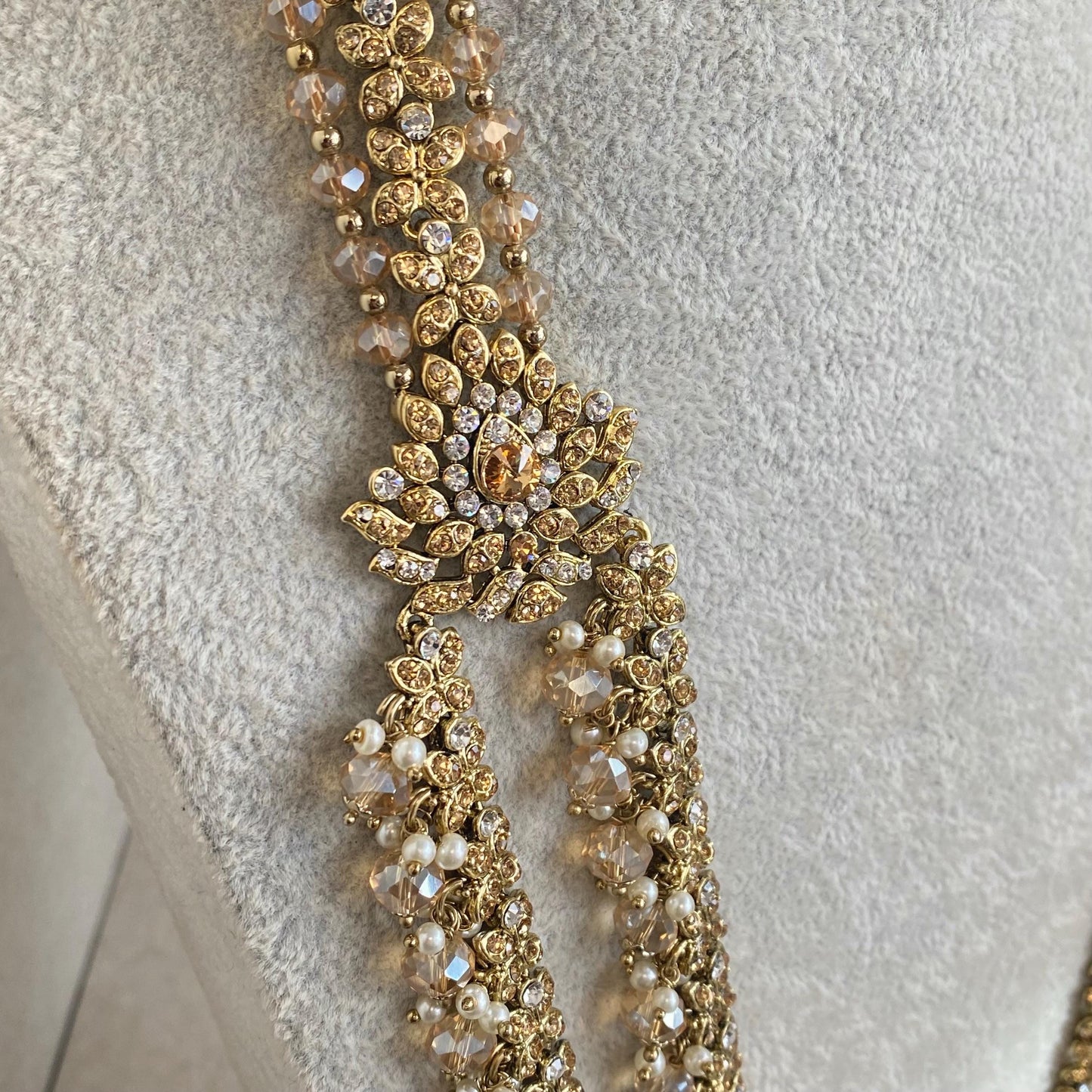 Gold /Antique Gold with Golden Rhinestone Long Necklace set With Jhumka Earring and Tikka/long necklace/ Haar/ Mala/ Earring/Wedding/Fashion