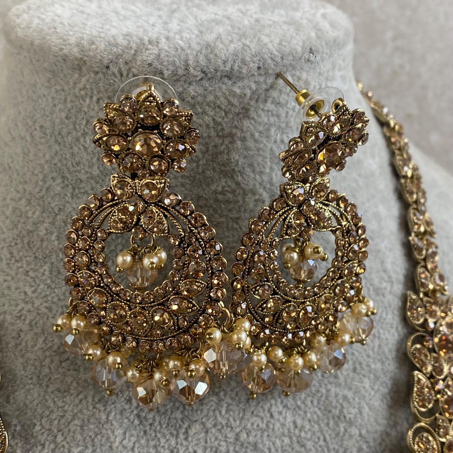 Gold /Antique Gold with Golden Rhinestone Long Necklace set With Flat Earring and Tikka/long necklace/ Haar/ Mala/ Earring/Wedding/Fashion