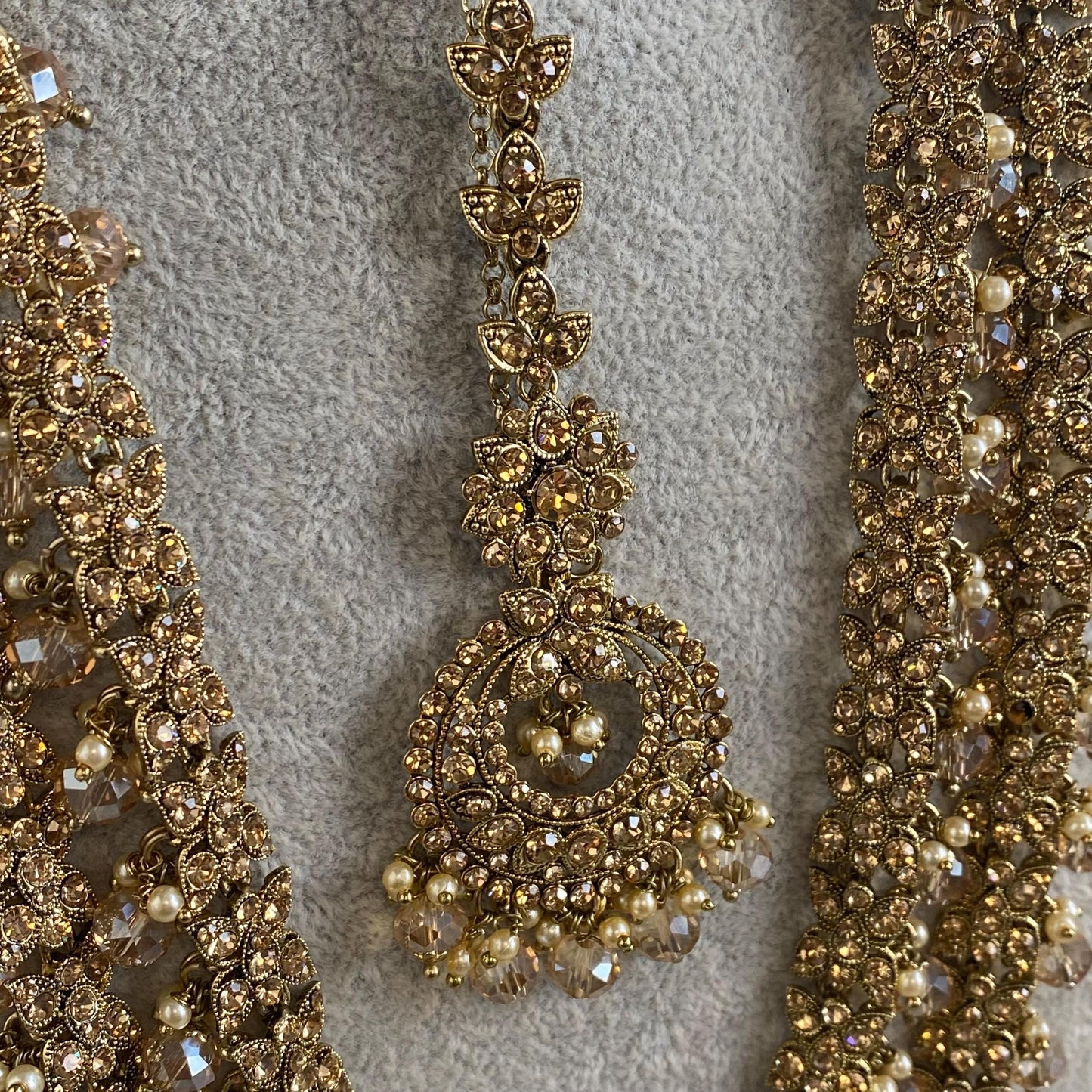 Gold /Antique Gold with Golden Rhinestone Long Necklace set With Flat Earring and Tikka/long necklace/ Haar/ Mala/ Earring/Wedding/Fashion