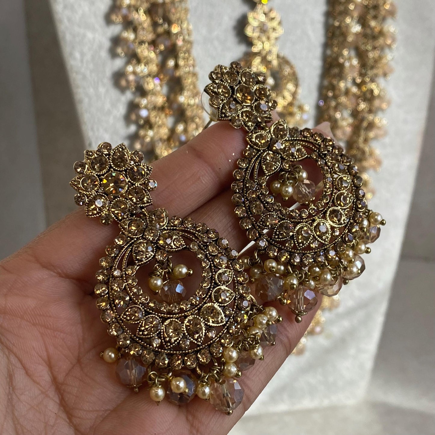 Gold /Antique Gold with Golden Rhinestone Long Necklace set With Flat Earring and Tikka/long necklace/ Haar/ Mala/ Earring/Wedding/Fashion