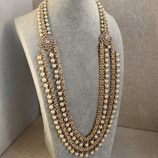 Antique Gold with Clear Rhinestone Long Necklace/ Haar/ Mala/ Earring/Wedding/Fashion/ Bride Wedding Guest Indian Pakistani Punjabi Jeweller