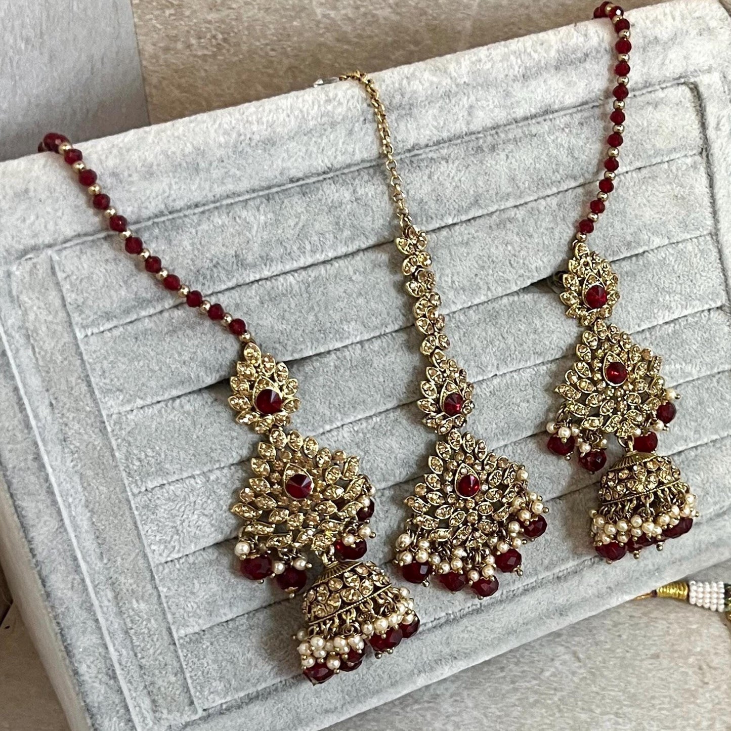 Maroon Bridal Necklace Set Indian/ Pakistani Style/ Wedding/ Fashion Jewellery/ Necklace set/Jhumka Earring/ Tikka/ High Quality Bridal Set