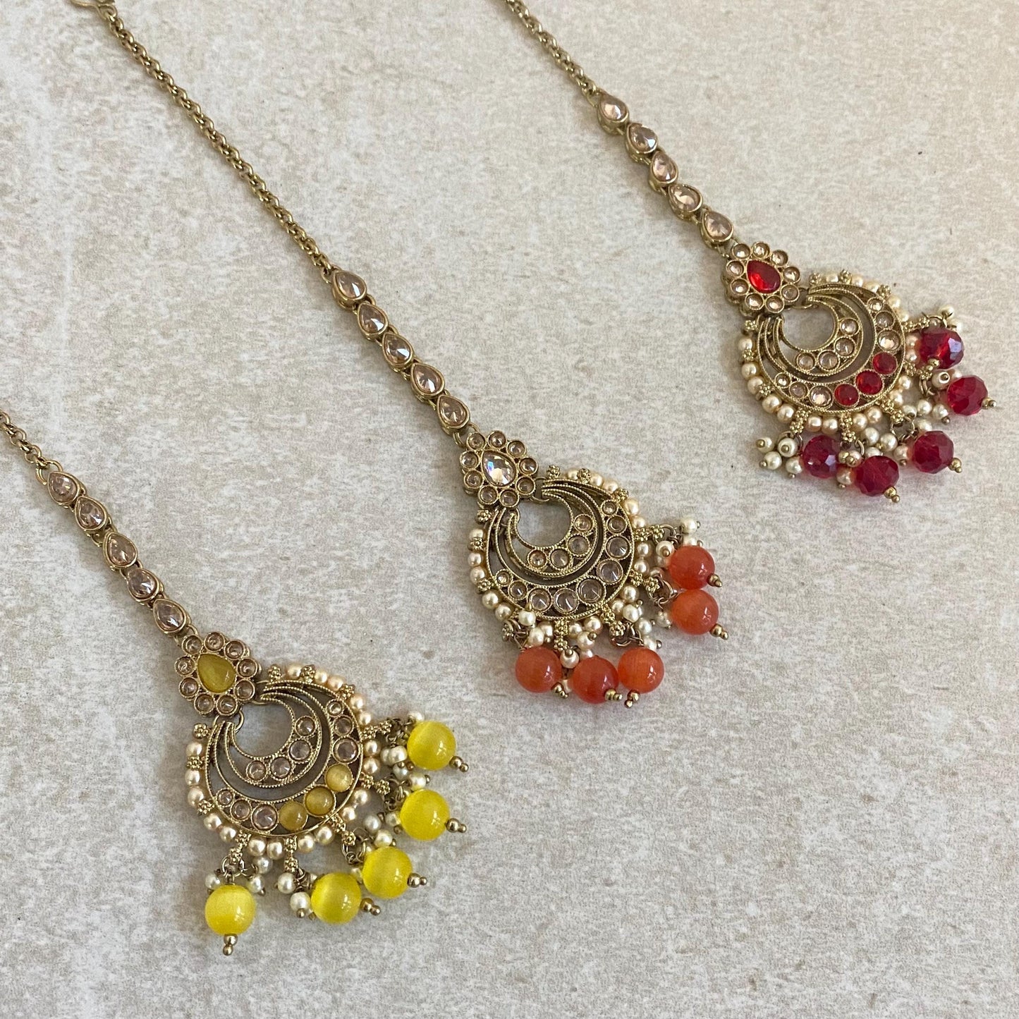 Crystal Pearl Tikka/ Tikli/ Indian/ Pakistani Fashion Jewellery/ Maang Tikkas/ Mix Colour/ White/ Maroon/ Navy/ Antique Gold/ Zircon Crystal