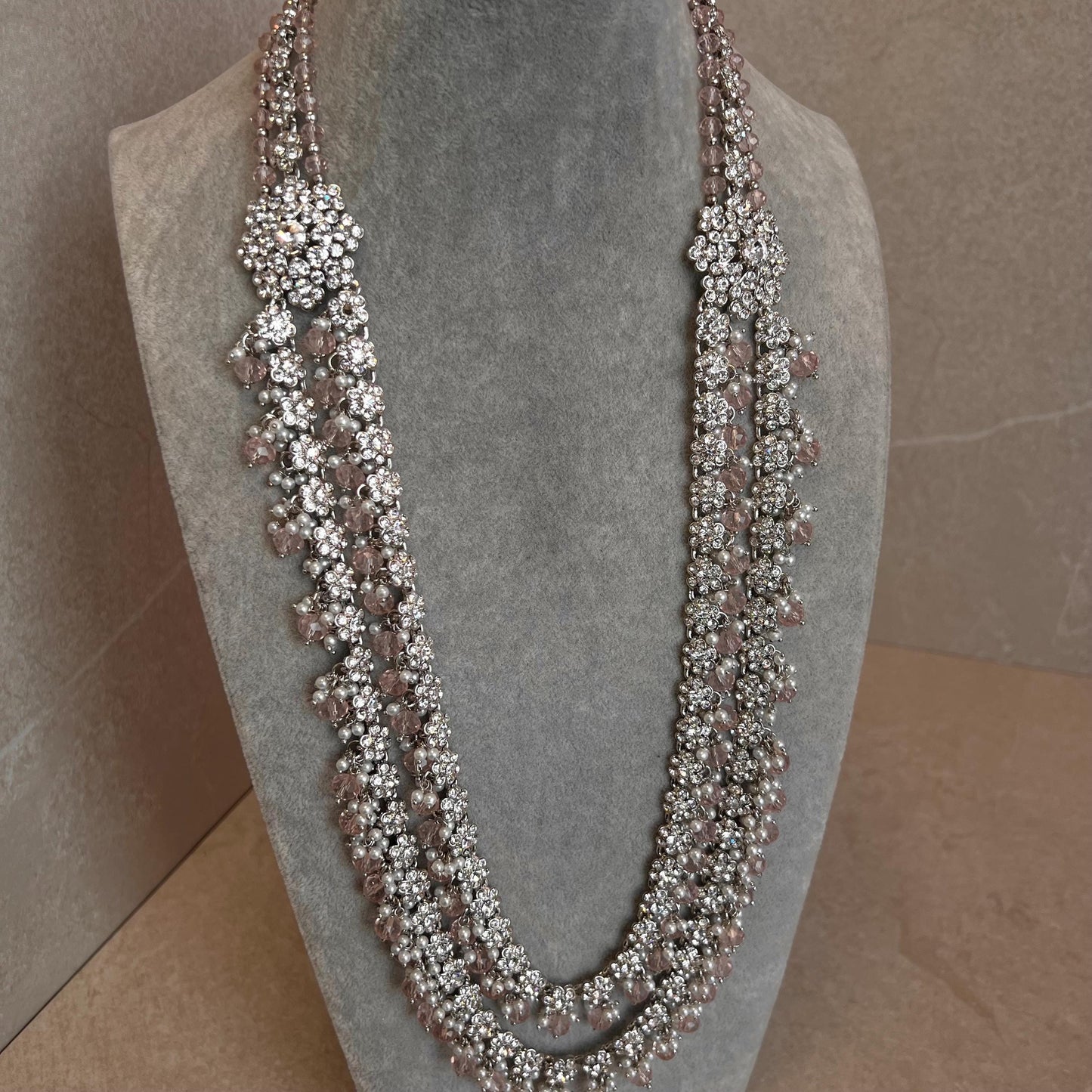 Pink Bead Silver Zircon Crystal/  Long Mala/ Haar/ Long Necklace/ Unique Style/ Indian/ Pakistani/Fashion Jewellery/ Gift for Women