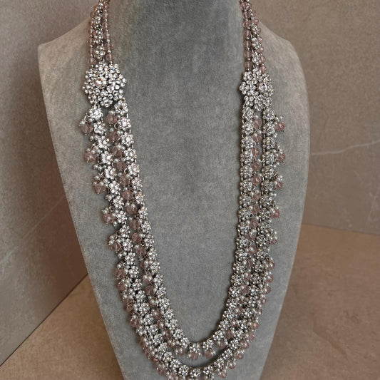Pink Bead Silver Zircon Crystal/  Long Mala/ Haar/ Long Necklace/ Unique Style/ Indian/ Pakistani/Fashion Jewellery/ Gift for Women