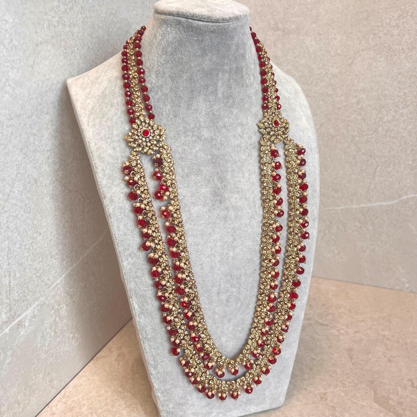 Bridal Maroon/Golden Long Mala/ Haar/ Long Necklace/ Unique Style/ Indian/ Pakistani/Fashion Jewellery/ Gift for Women