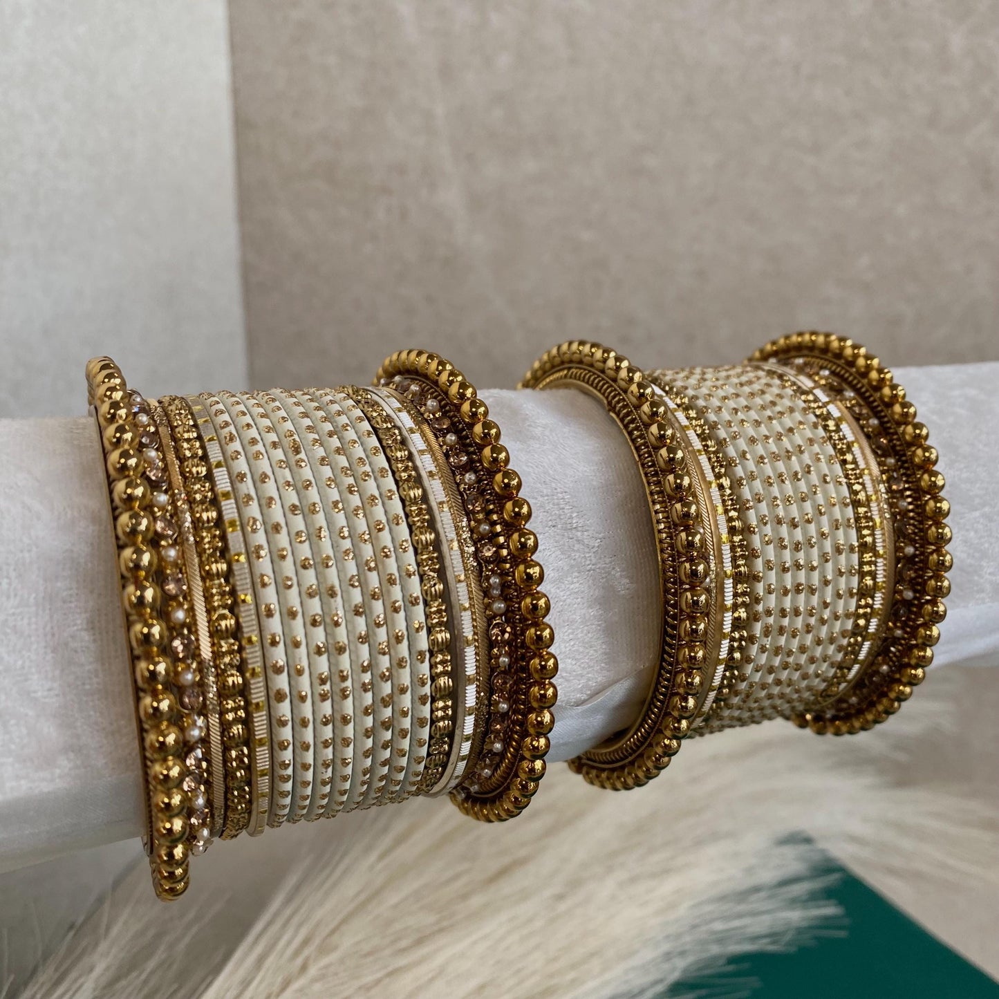 Cream Small Indian Bangle Set/White Bangle Set/Gold Ball Bangles/Off White Churis/Off White Churi Sets/Indian Bangles/Cream Bangles