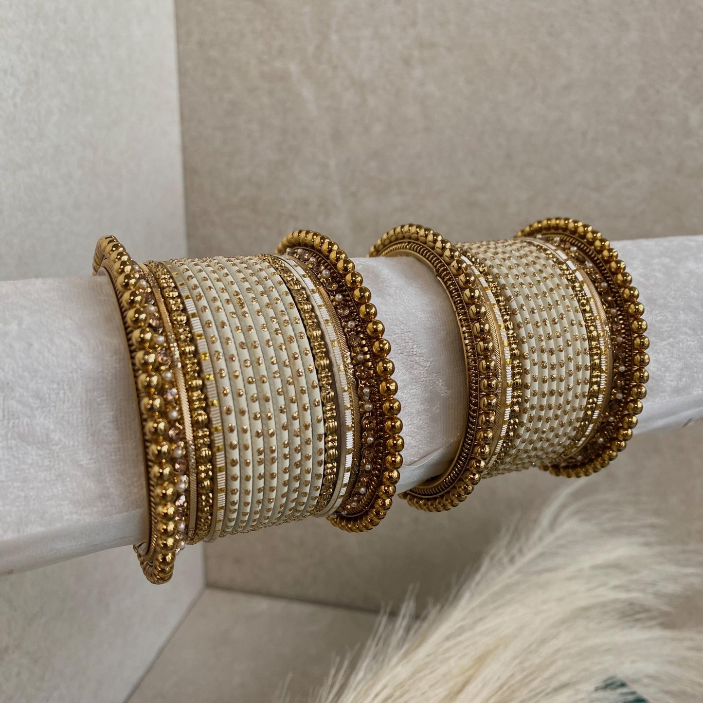 Cream Small Indian Bangle Set/White Bangle Set/Gold Ball Bangles/Off White Churis/Off White Churi Sets/Indian Bangles/Cream Bangles