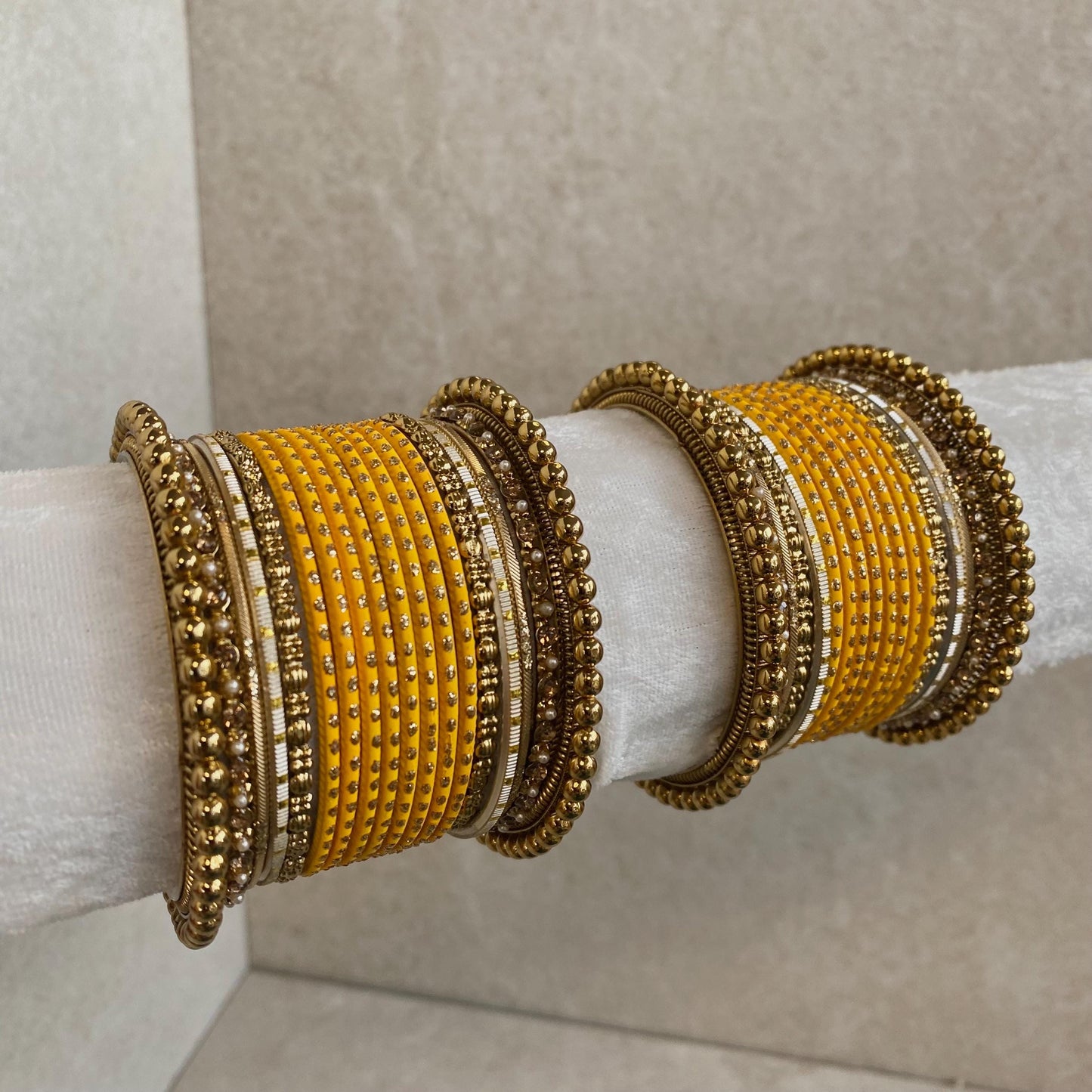 Mustard Velvet Bangle Set/Mustard Bangles/Mustard Churis/Yellow Bangle Sets/Yellow Bangles/Indian Bangles/Gold Ball Bangles