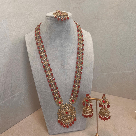 Bridal Red/Golden Long Mala/ Haar/ Long Necklace Set Earring Tikka / Unique Style/ Indian/ Pakistani/Fashion Jewellery/ Gift for her
