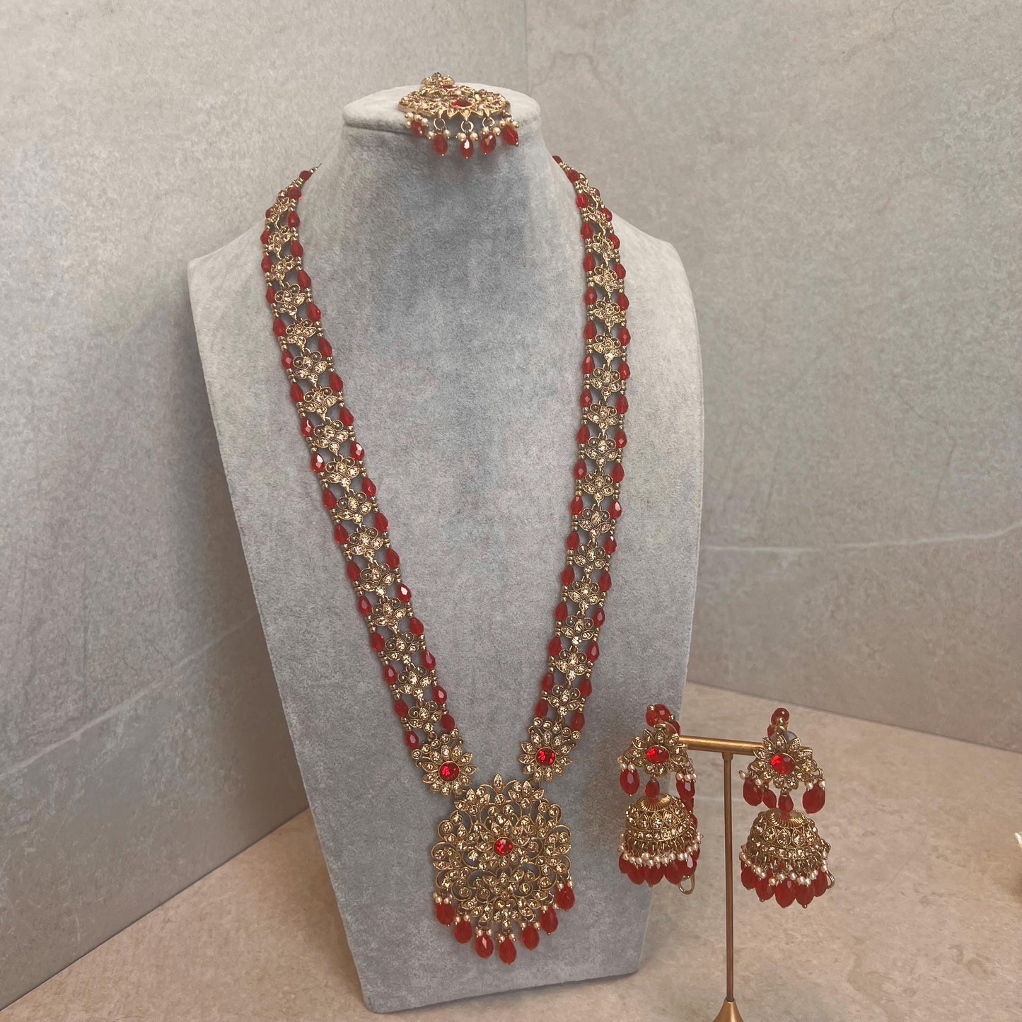Bridal Red/Golden Long Mala/ Haar/ Long Necklace Set Earring Tikka / Unique Style/ Indian/ Pakistani/Fashion Jewellery/ Gift for her