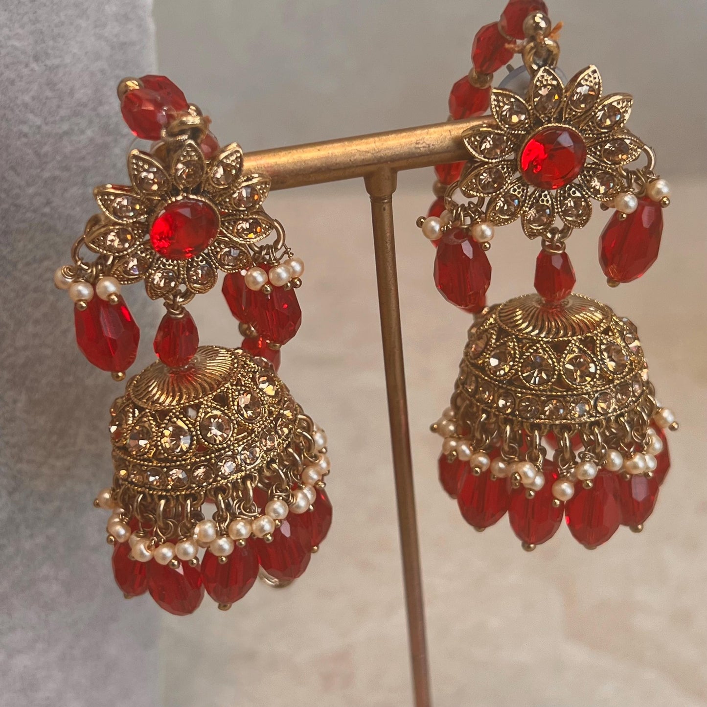 Bridal Red/Golden Long Mala/ Haar/ Long Necklace Set Earring Tikka / Unique Style/ Indian/ Pakistani/Fashion Jewellery/ Gift for her