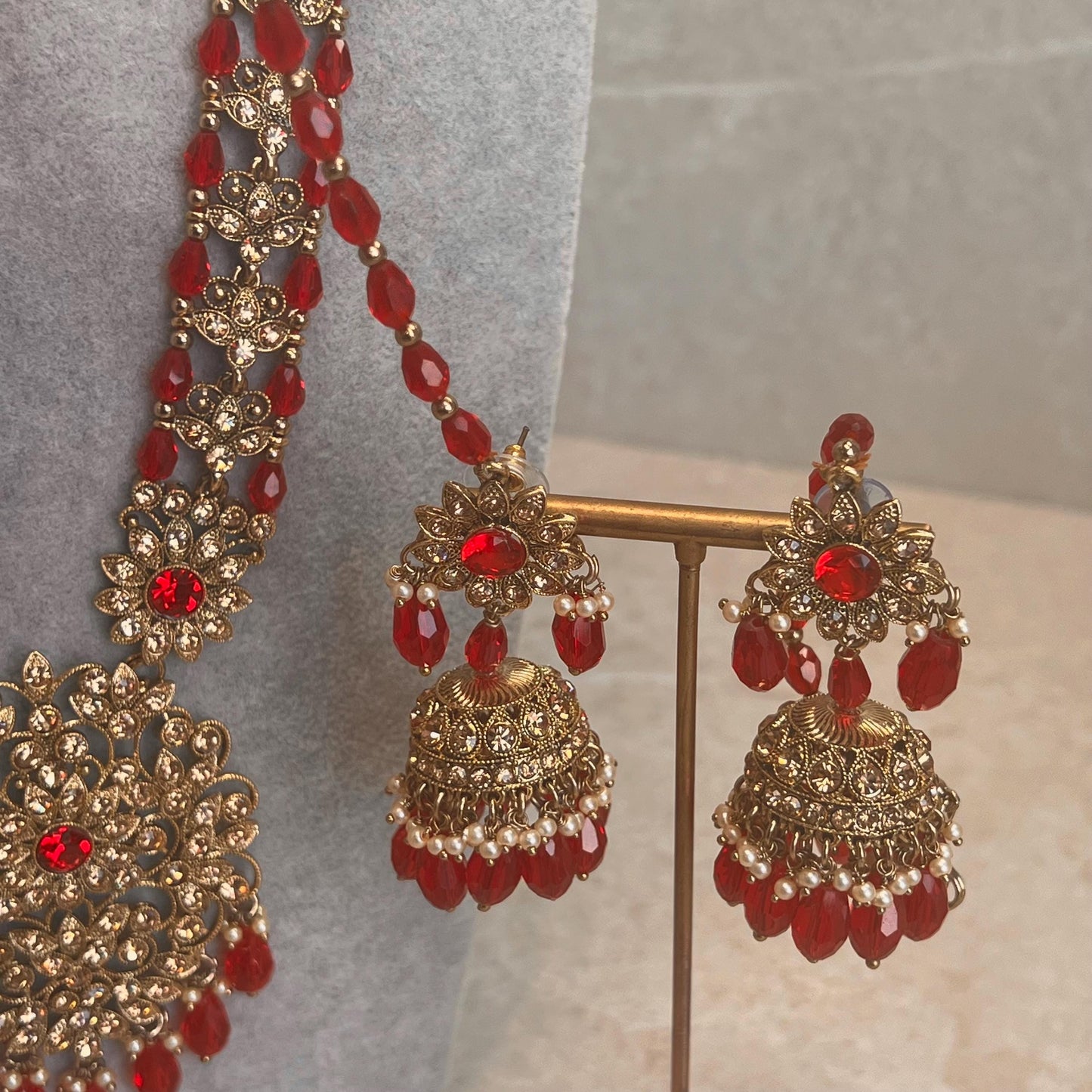 Bridal Red/Golden Long Mala/ Haar/ Long Necklace Set Earring Tikka / Unique Style/ Indian/ Pakistani/Fashion Jewellery/ Gift for her