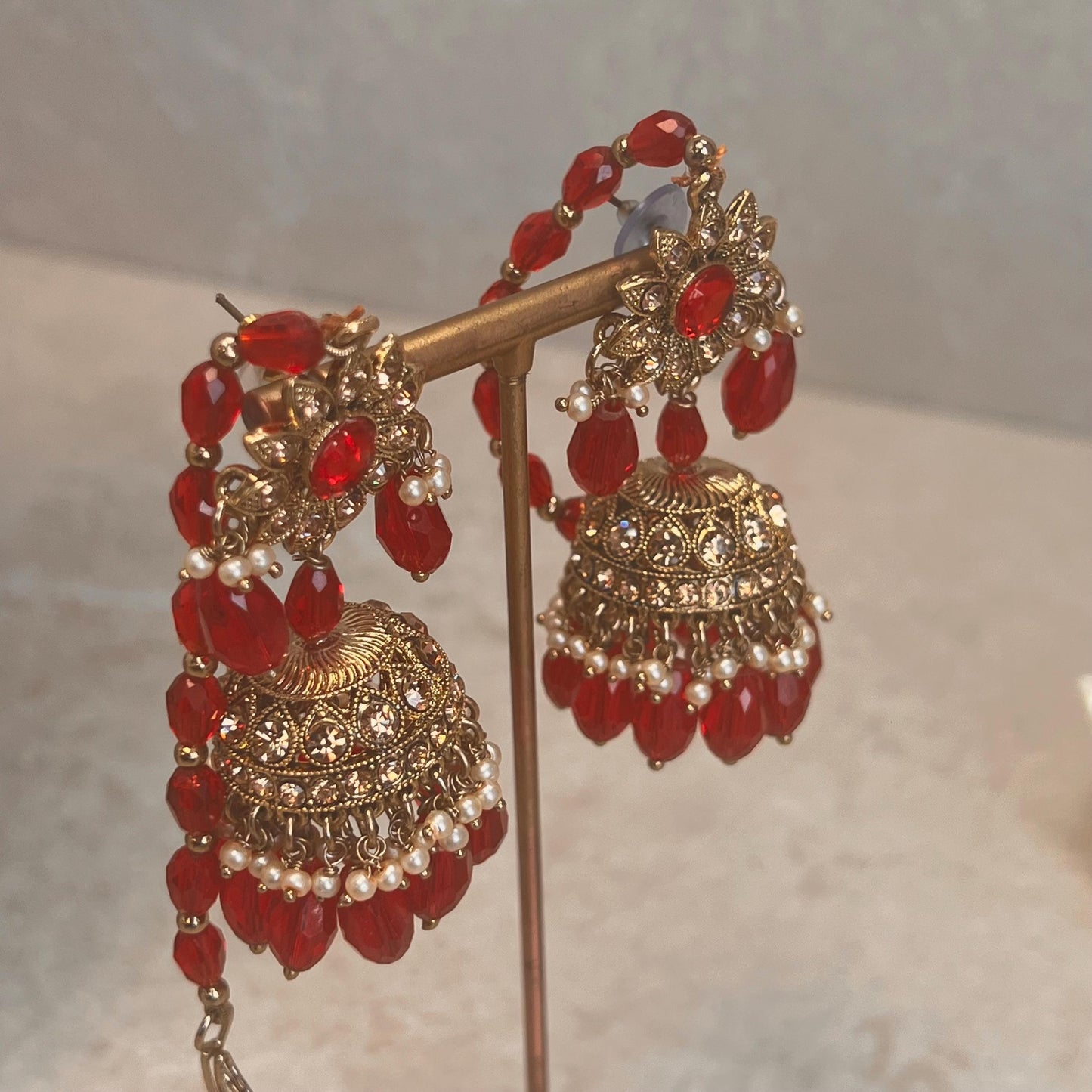 Bridal Red/Golden Long Mala/ Haar/ Long Necklace Set Earring Tikka / Unique Style/ Indian/ Pakistani/Fashion Jewellery/ Gift for her