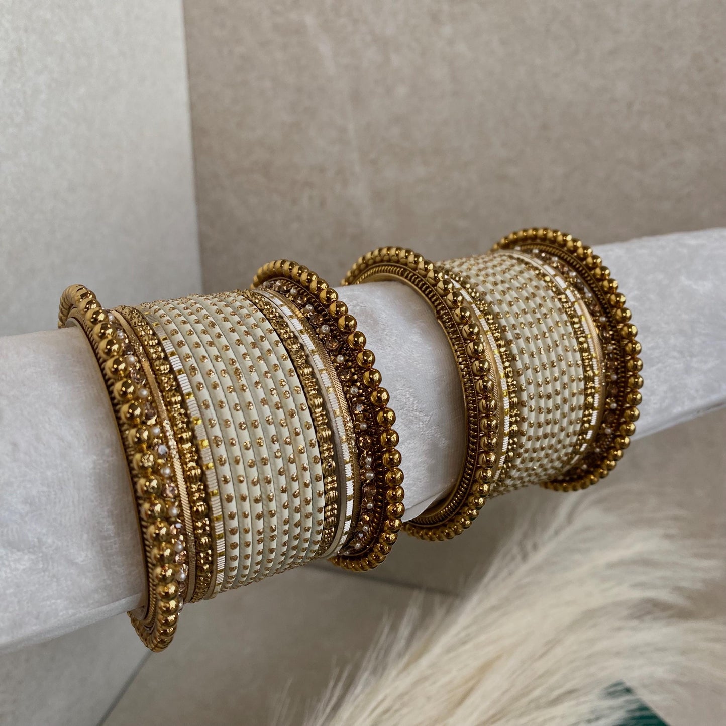 Cream Small Indian Bangle Set/White Bangle Set/Gold Ball Bangles/Off White Churis/Off White Churi Sets/Indian Bangles/Cream Bangles