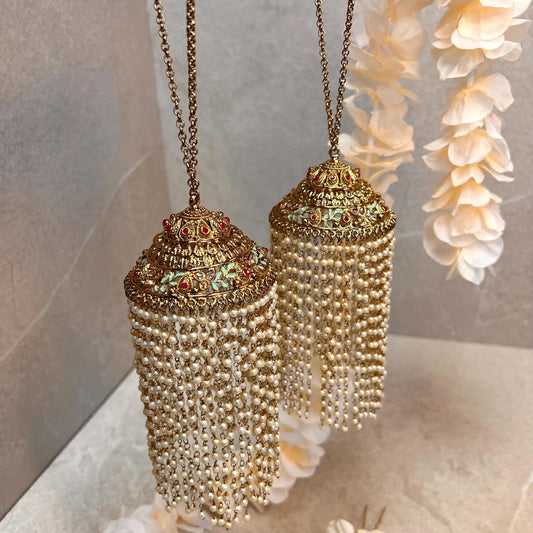 Kaleera (Pair) Extra Large Mint Ruby Pink Luxury Antique Gold with Champagne Zircon Crystals. High Quality Adjustable one size fits all