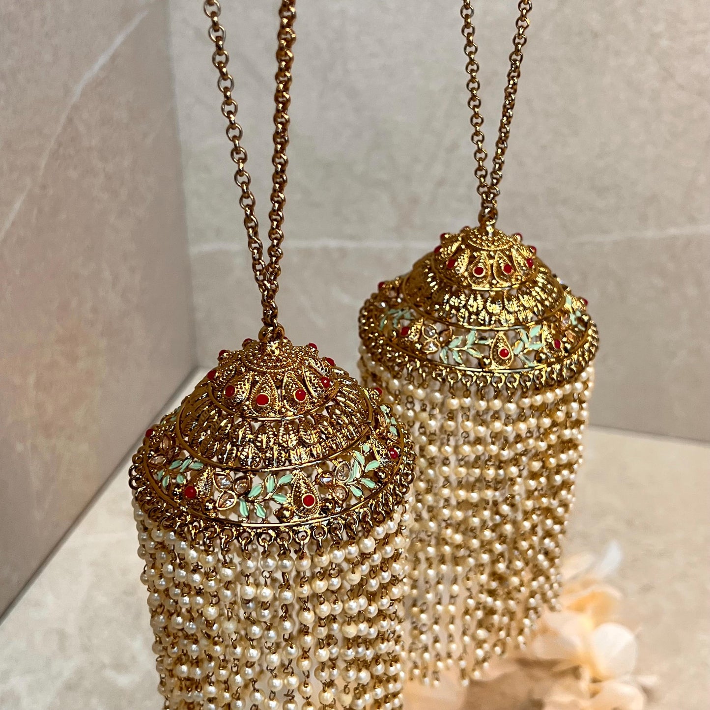 Kaleera (Pair) Extra Large Mint Ruby Pink Luxury Antique Gold with Champagne Zircon Crystals. High Quality Adjustable one size fits all