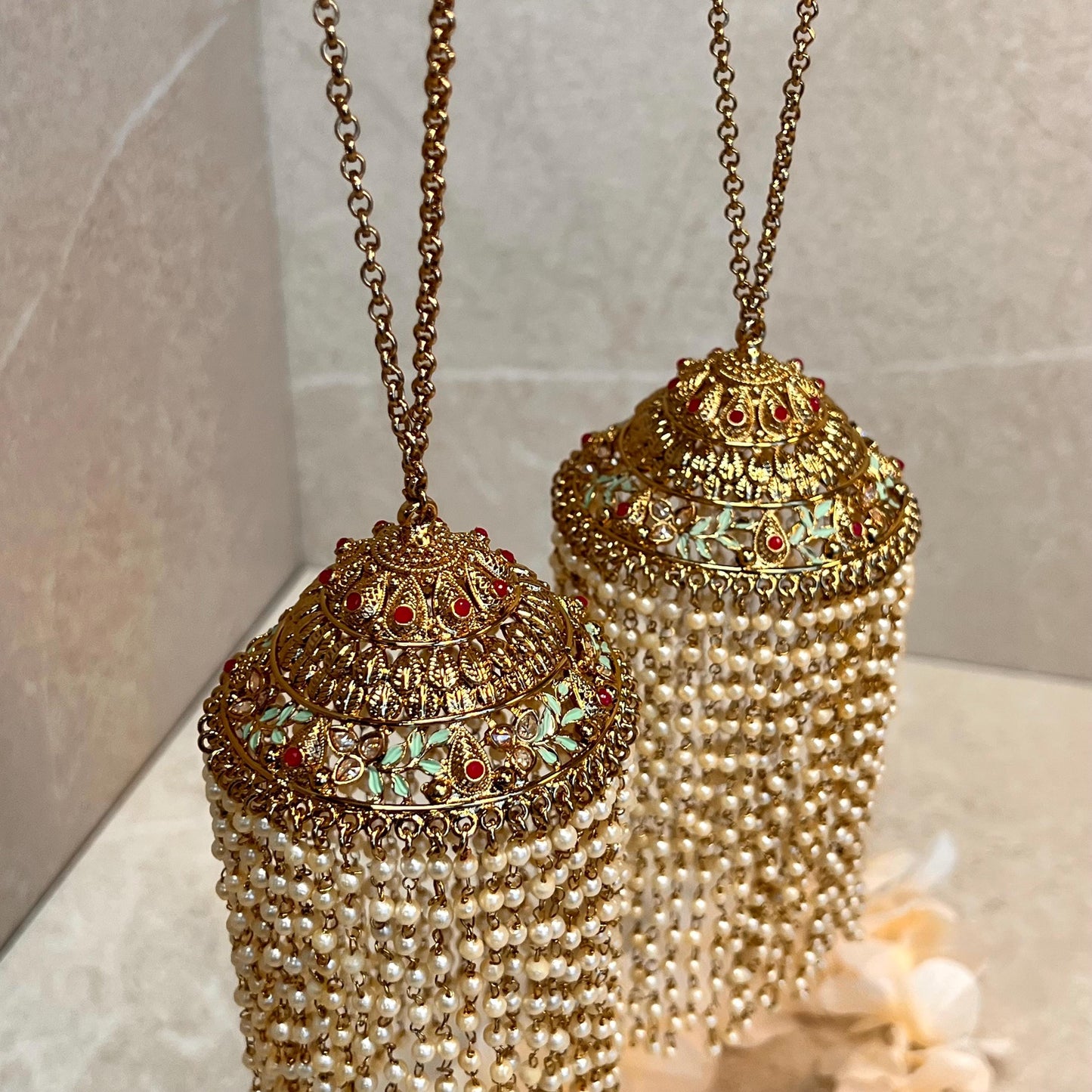 Kaleera (Pair) Extra Large Mint Ruby Pink Luxury Antique Gold with Champagne Zircon Crystals. High Quality Adjustable one size fits all