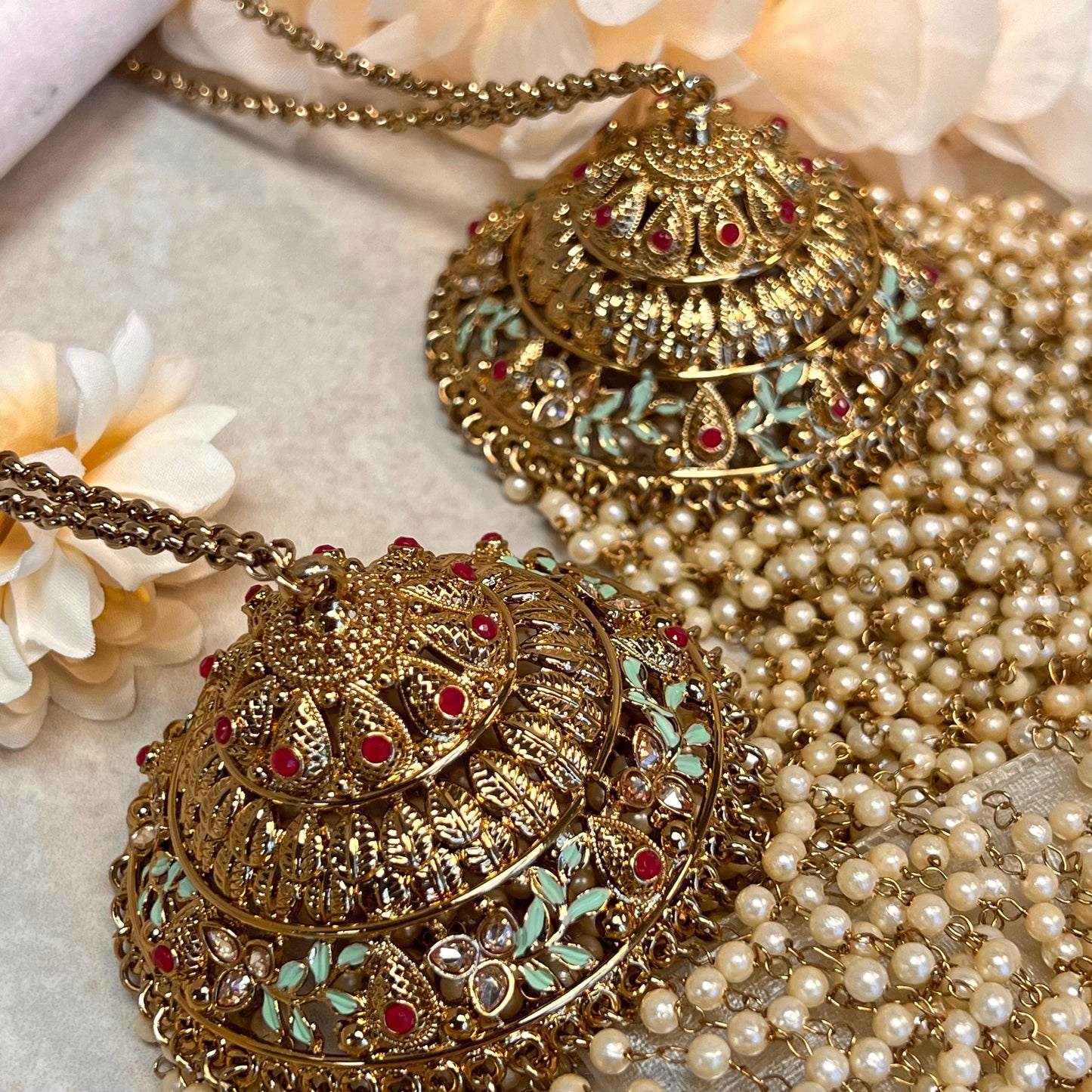 Kaleera (Pair) Extra Large Mint Ruby Pink Luxury Antique Gold with Champagne Zircon Crystals. High Quality Adjustable one size fits all