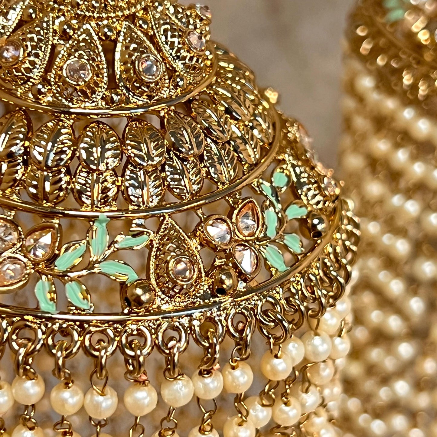 Kaleera (Pair) Extra Large Mint Luxury Antique Gold with Champagne Zircon Crystals. High Quality Adjustable one size fits all Handmade