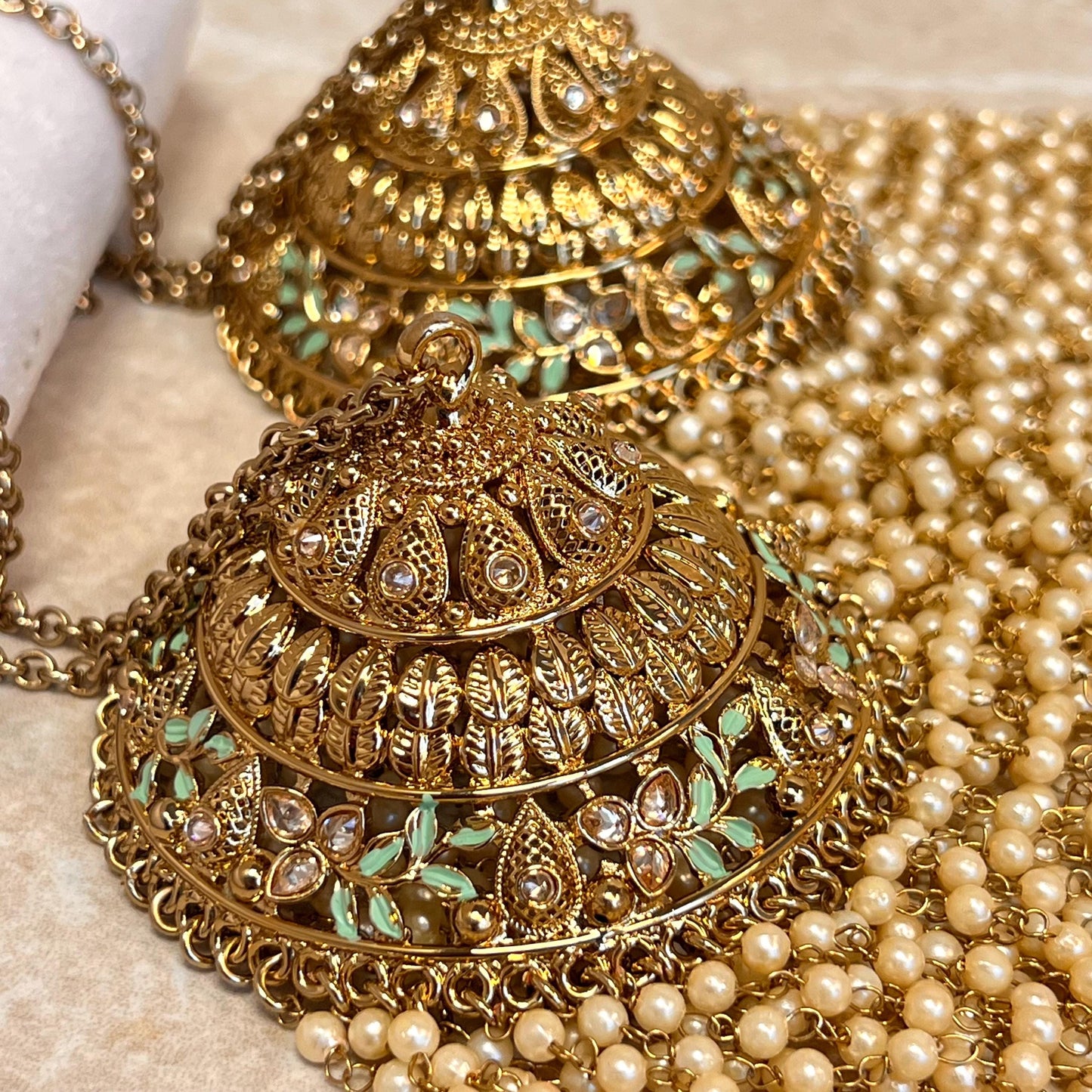 Kaleera (Pair) Extra Large Mint Luxury Antique Gold with Champagne Zircon Crystals. High Quality Adjustable one size fits all Handmade