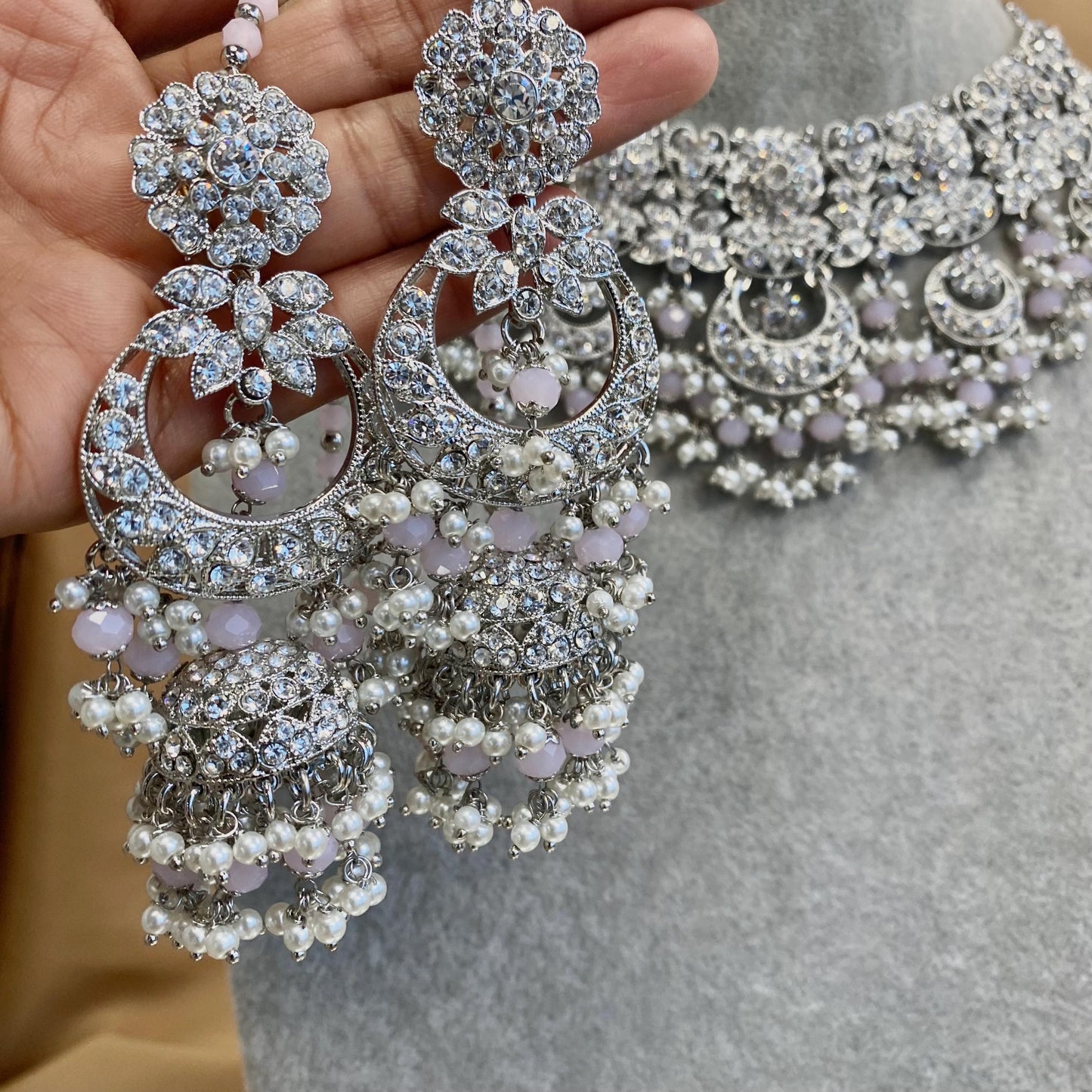 Silver Pink Bridal Indian Bridal Set/Silver Necklace Set/ Indian/Pink Necklace Set/Pink Necklace Set/ Wedding/Indian Bridal Jewellery